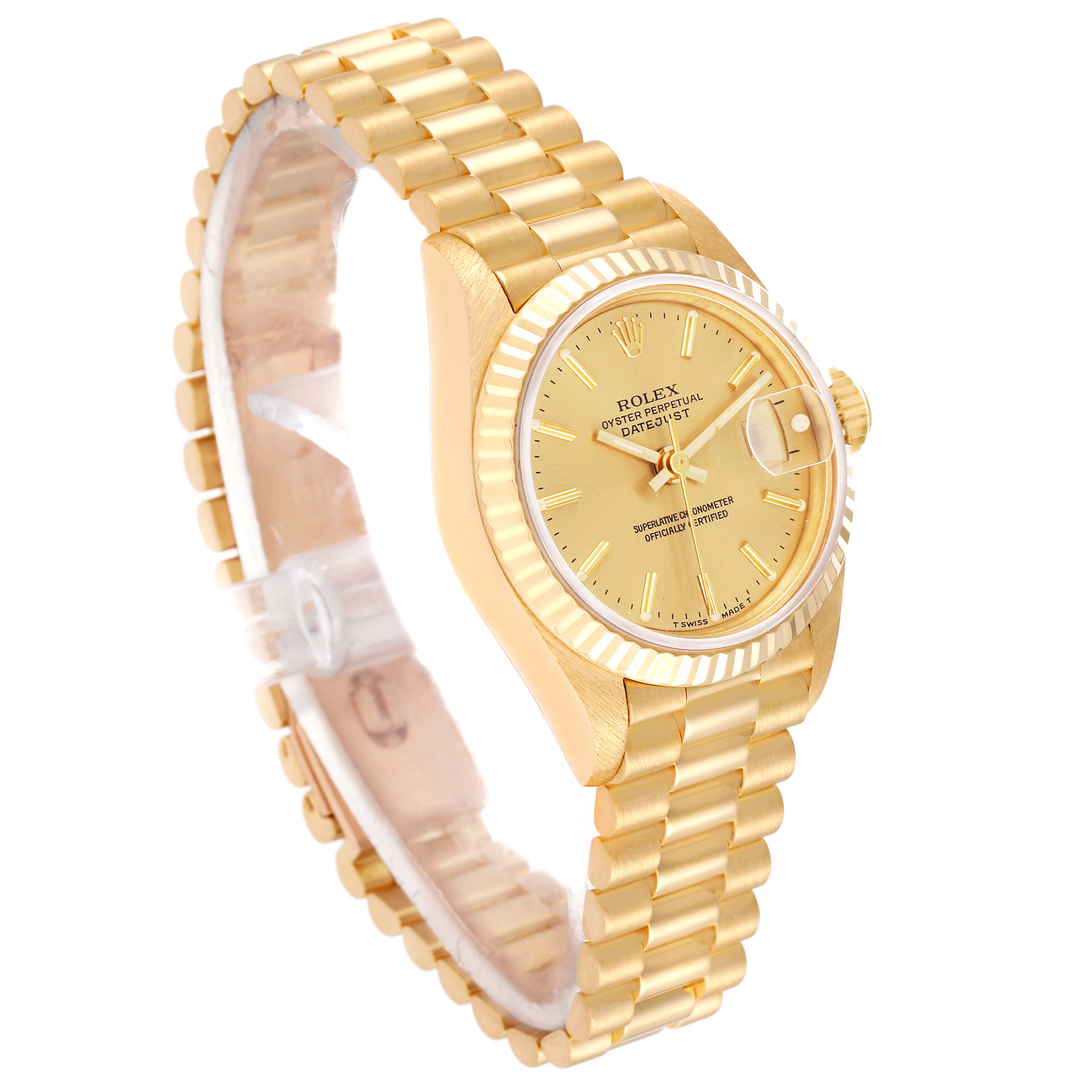 The image shows a Rolex President 69178 Women's Yellow Gold Champagne Dial 69178 Women's Yellow Gold Champagne Dial model watch at a three-quarter angle, displaying the dial, bezel, crown, and bracelet.