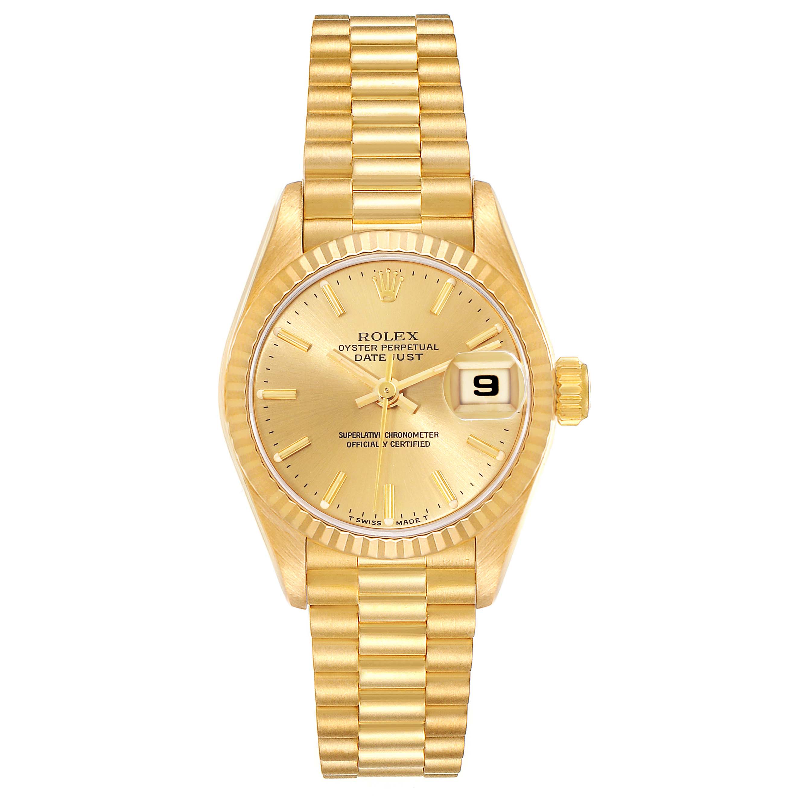This is a front view of the Rolex President 69178 Women's Yellow Gold Champagne Dial 69178 Women's Yellow Gold Champagne Dial model watch, showing the dial, bezel, and bracelet.
