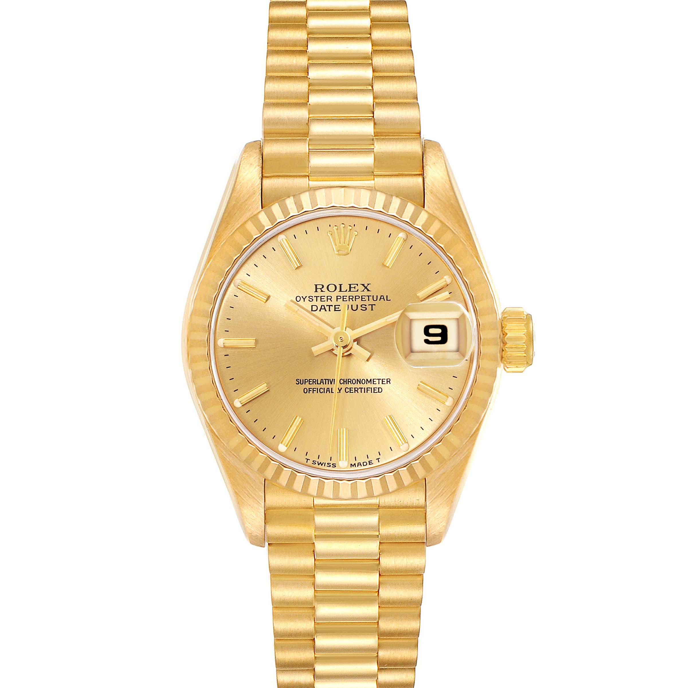 This image shows a frontal view of the Rolex President 69178 Women's Yellow Gold Champagne Dial 69178 Women's Yellow Gold Champagne Dial Oyster Perpetual Datejust watch, highlighting its gold dial, fluted bezel, and bracelet.