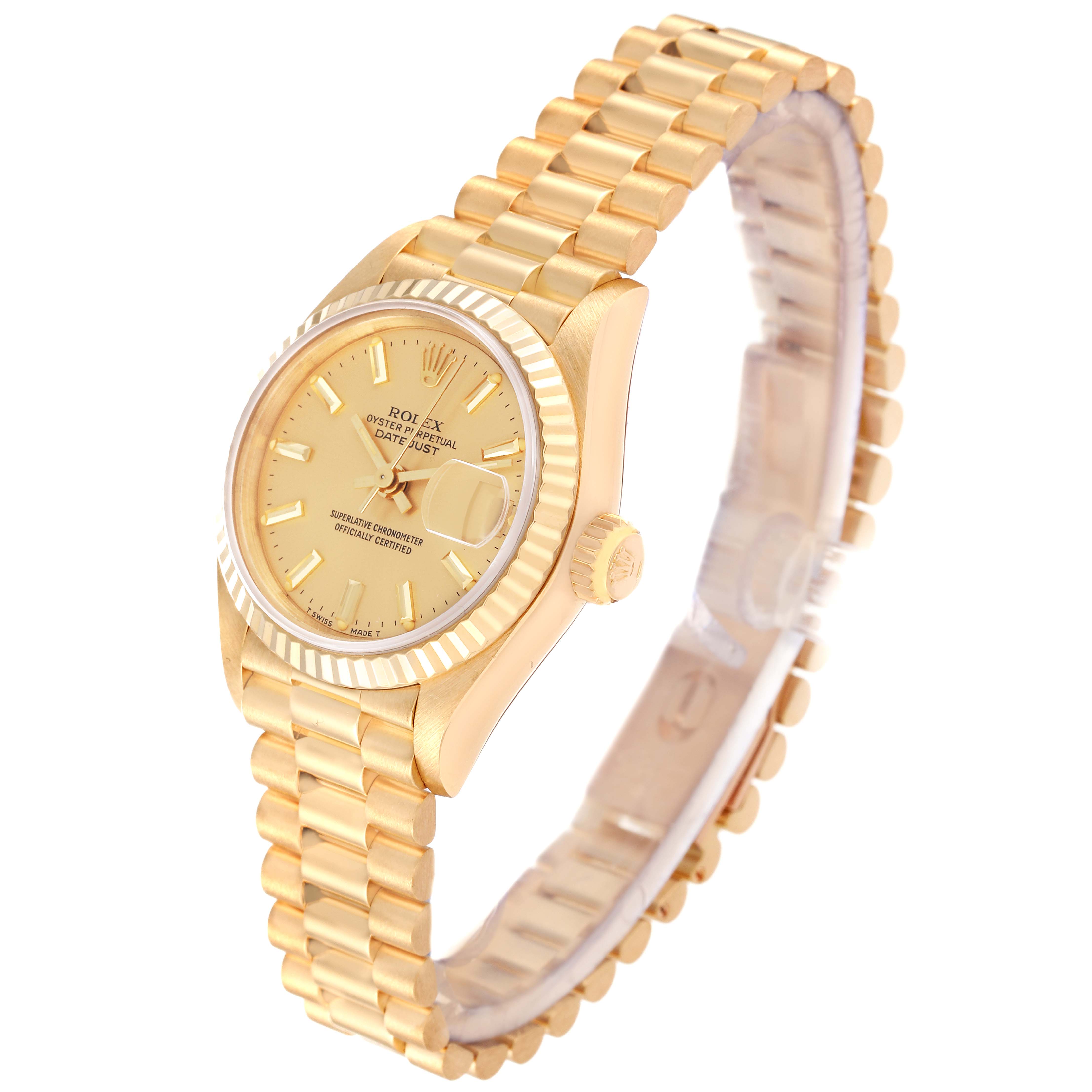 The image shows a Rolex President 69178 Women's Yellow Gold Champagne Dial 69178 Women's Yellow Gold Champagne Dial model watch angled to display the face, bezel, crown, and bracelet.