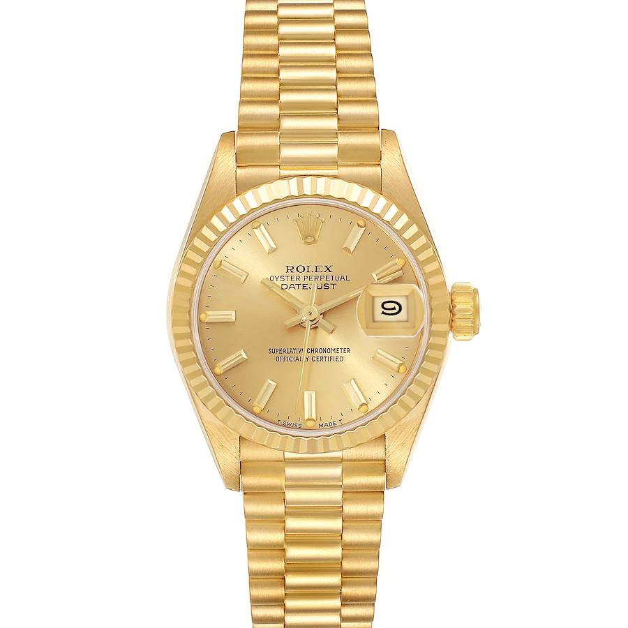 This image shows a frontal view of a Rolex President model watch, featuring its gold-plated band, dial, and date display.