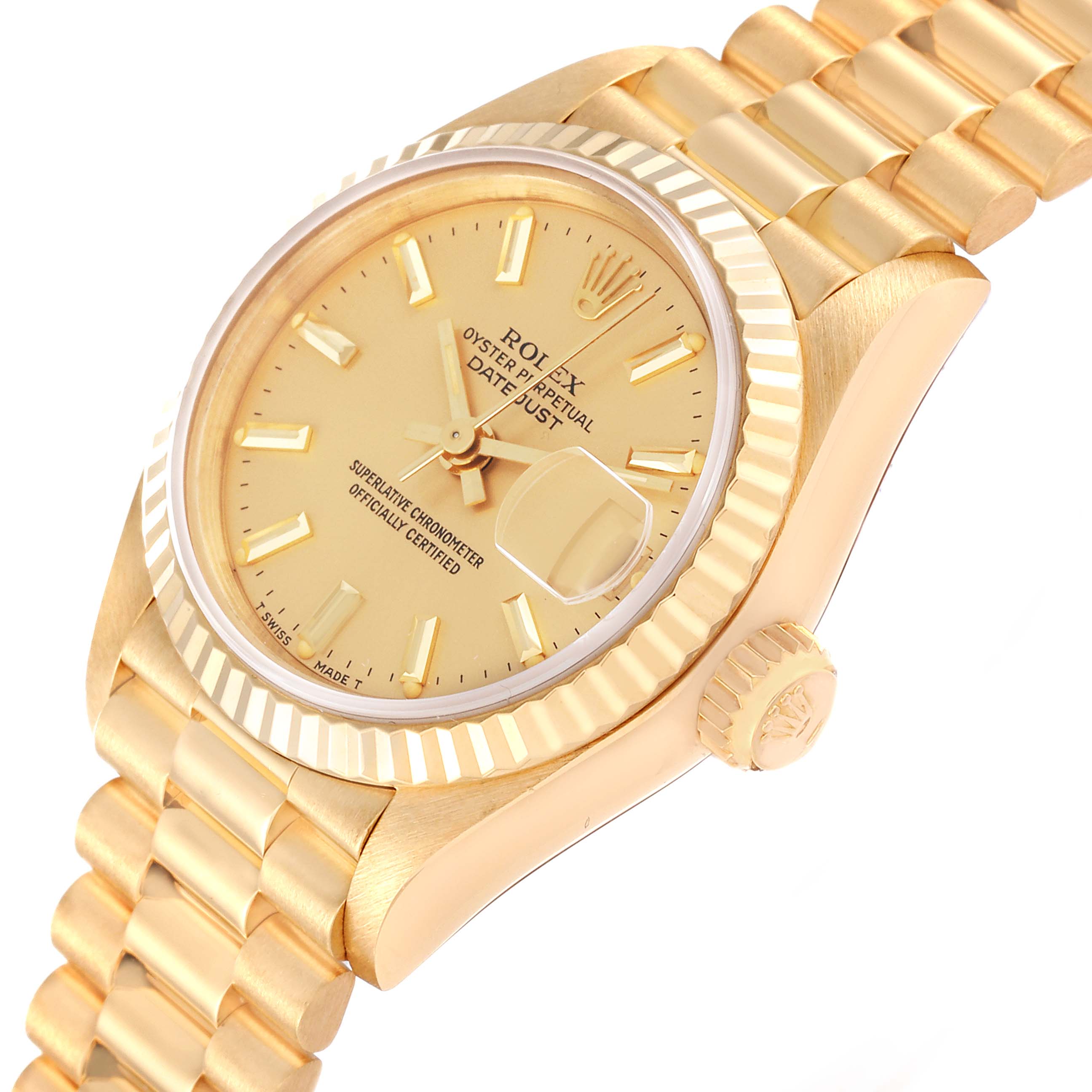 The image shows a side-angle view of a Rolex President 69178 Women's Yellow Gold Champagne Dial 69178 Women's Yellow Gold Champagne Dial model watch, displaying the dial, bezel, crown, and part of the bracelet.