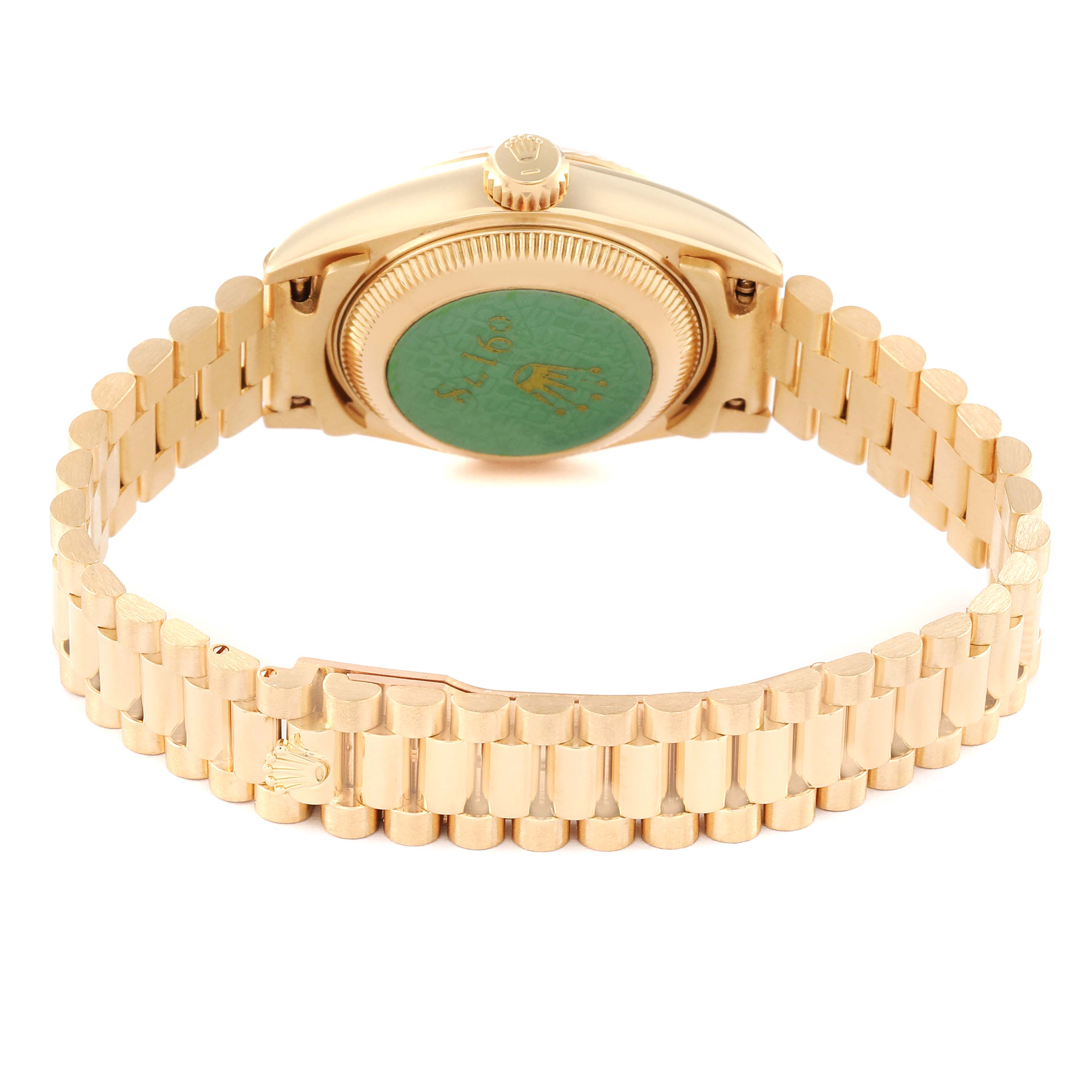 This image shows the back view and bracelet of a Rolex President 69178 Women's Yellow Gold Champagne Dial 69178 Women's Yellow Gold Champagne Dial model watch.