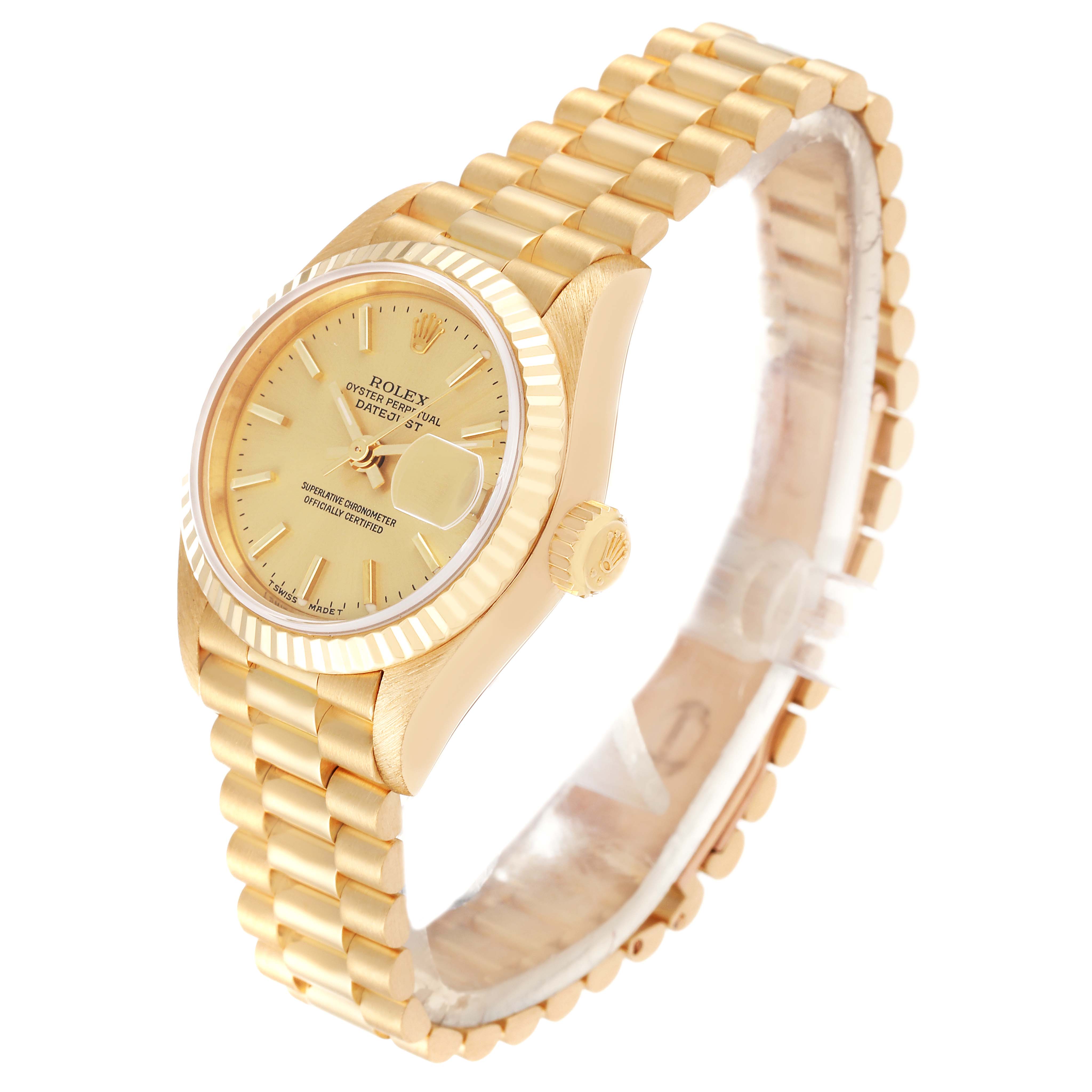 This Rolex President 69178 Women's Yellow Gold Champagne Dial 69178 Women's Yellow Gold Champagne Dial model watch is shown at a 3/4 angle highlighting the dial, bezel, and bracelet.
