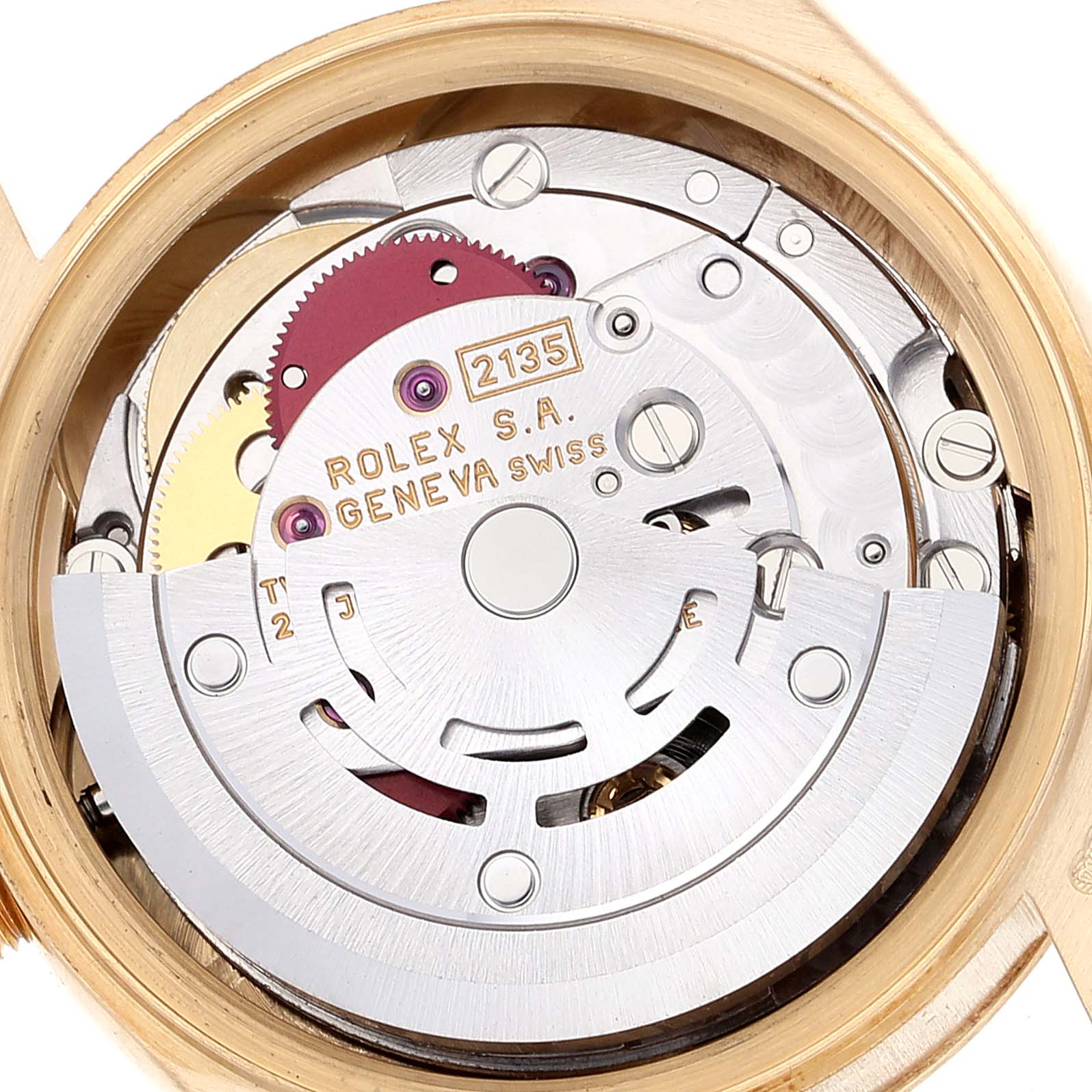 The image shows the movement mechanism of a Rolex President 69178 Women's Yellow Gold Champagne Dial 69178 Women's Yellow Gold Champagne Dial model watch, viewed from the back with the case open.