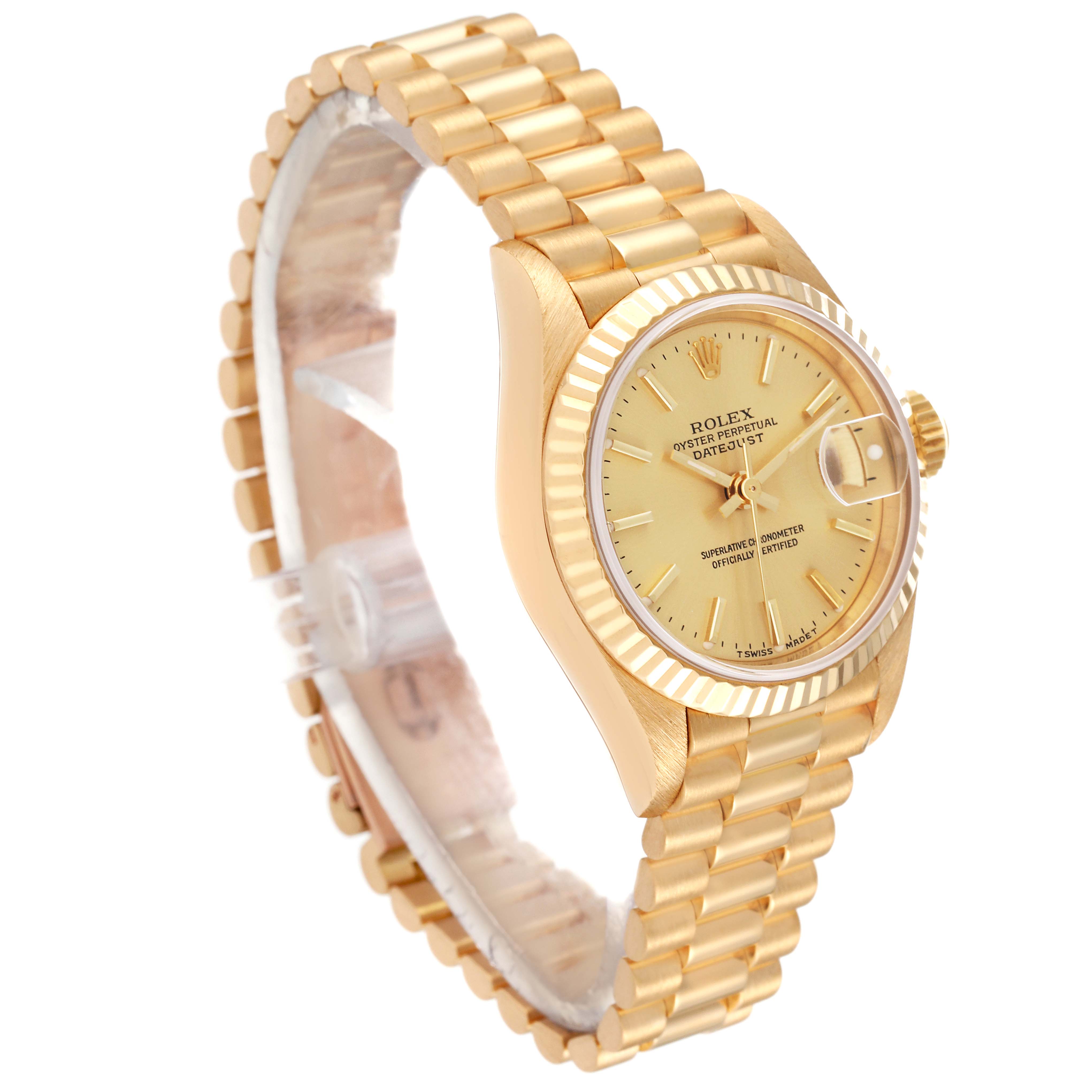 The Rolex President 69178 Women's Yellow Gold Champagne Dial 69178 Women's Yellow Gold Champagne Dial model watch is displayed at a three-quarter angle, showing the face, bezel, case, and part of the bracelet.