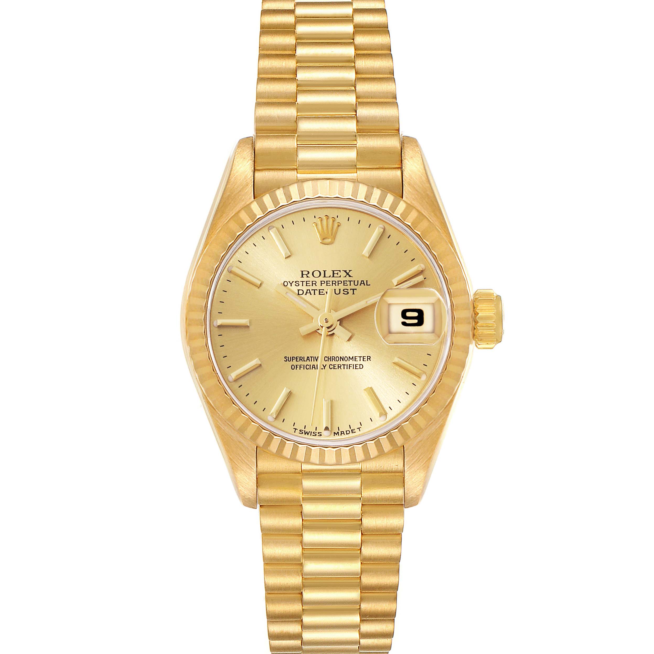 The image shows a frontal view of a Rolex President 69178 Women's Yellow Gold Champagne Dial 69178 Women's Yellow Gold Champagne Dial model watch, displaying its gold face, bracelet, and date window.