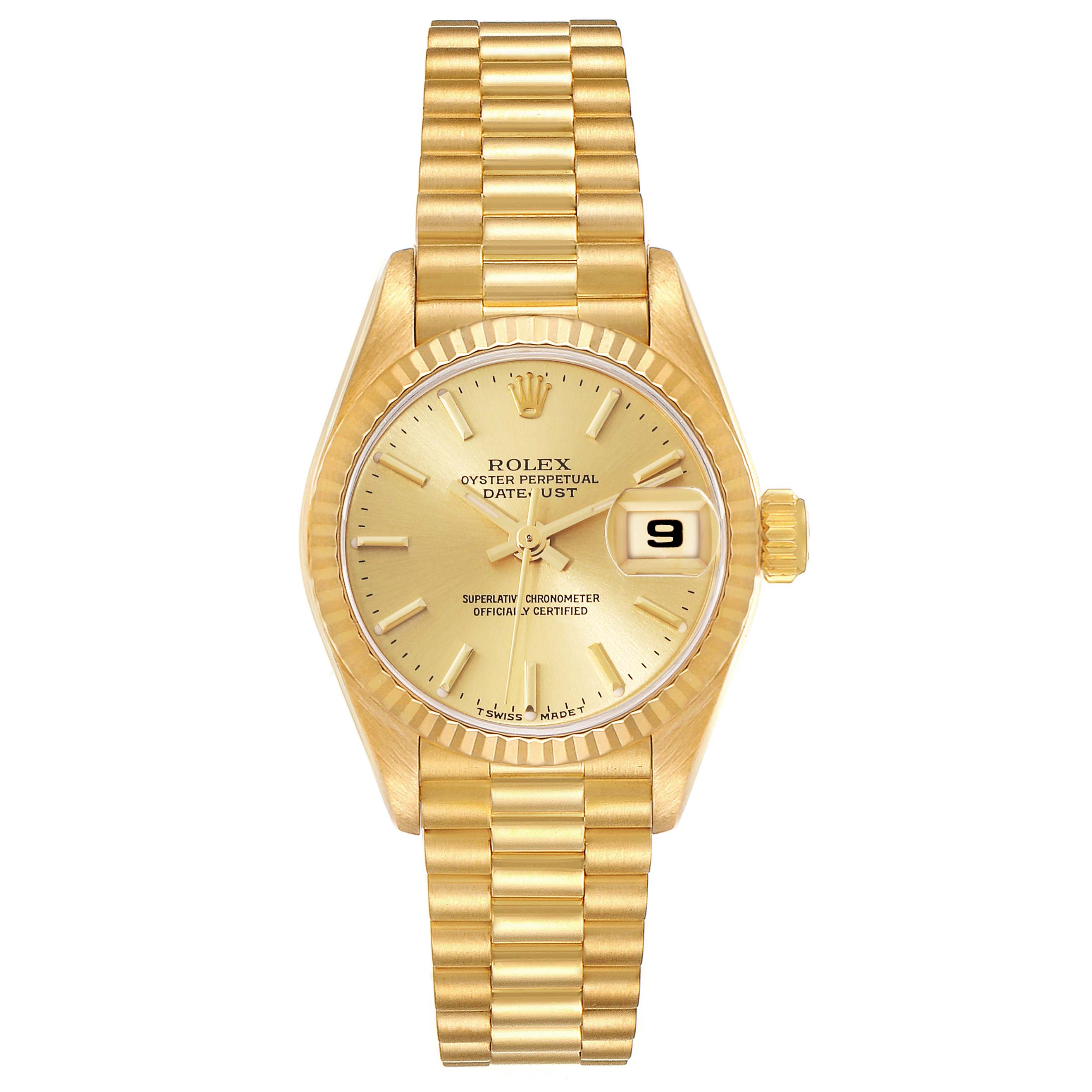 The image shows a front view of a Rolex President 69178 Women's Yellow Gold Champagne Dial 69178 Women's Yellow Gold Champagne Dial model watch, displaying the dial, bezel, bracelet, and date window.