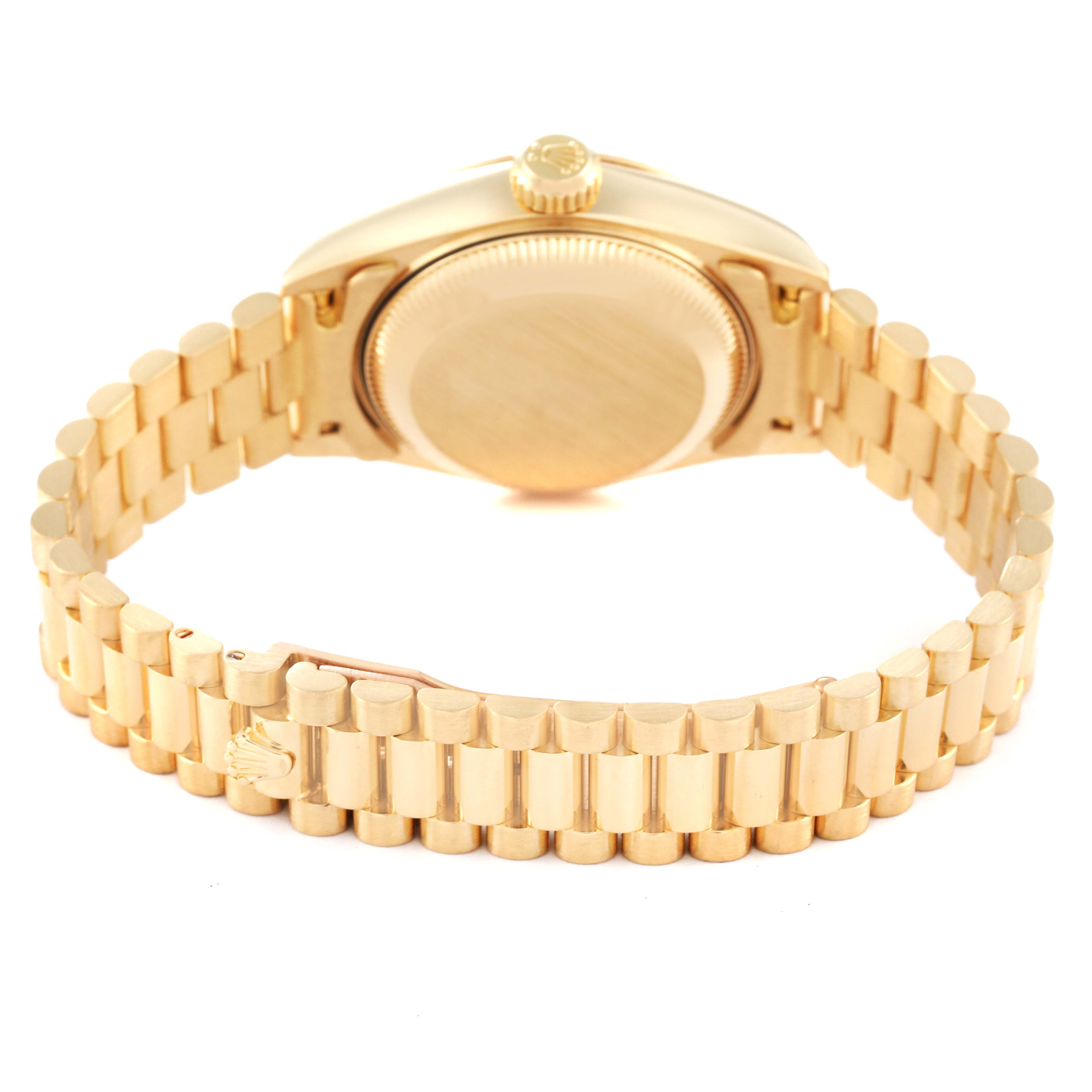 The image shows the back case and the bracelet of the Rolex President 69178 Women's Yellow Gold Champagne Dial 69178 Women's Yellow Gold Champagne Dial model watch, viewed from the rear angle.