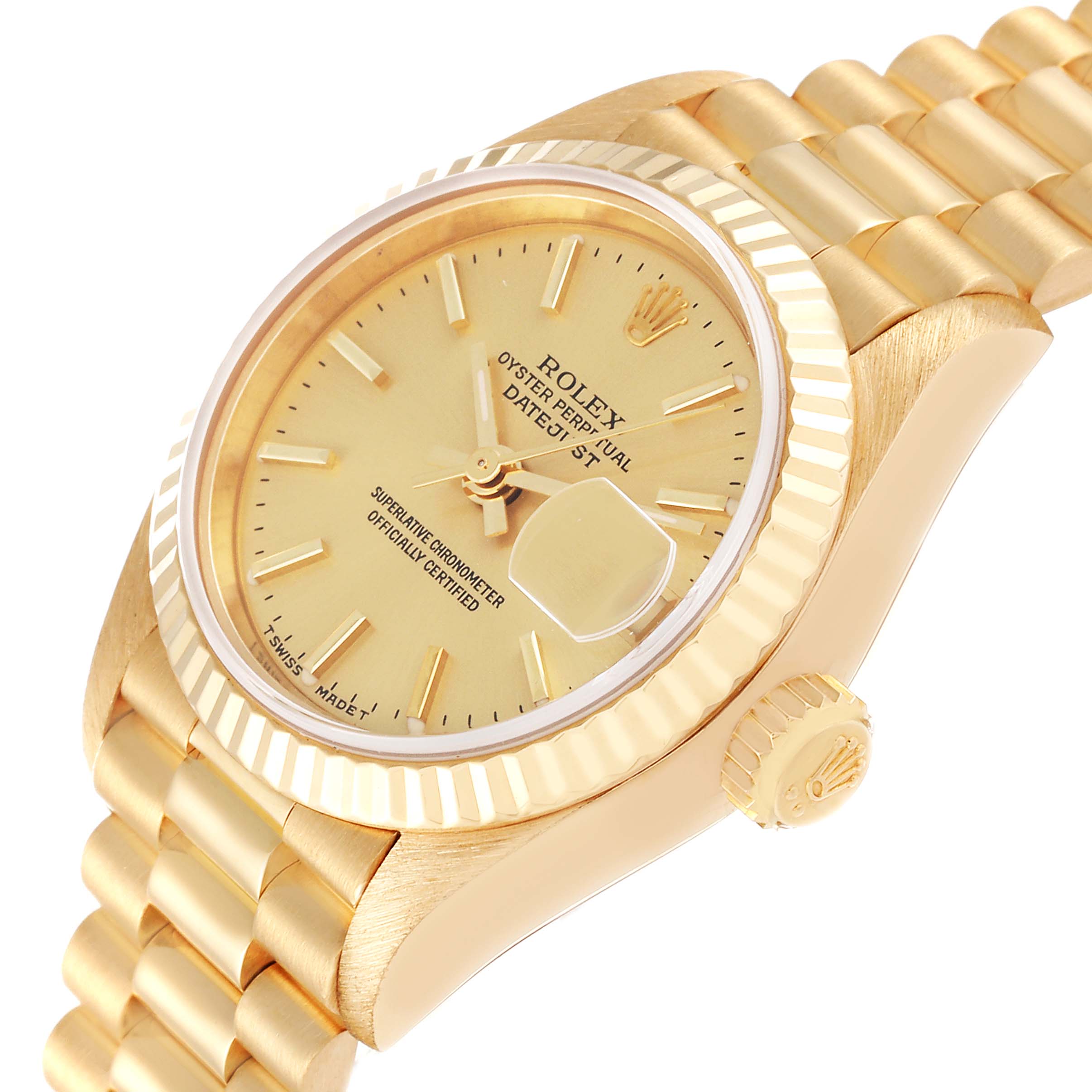 The image shows a side angle of a Rolex President 69178 Women's Yellow Gold Champagne Dial 69178 Women's Yellow Gold Champagne Dial model watch, highlighting the dial, crown, and part of the bracelet.