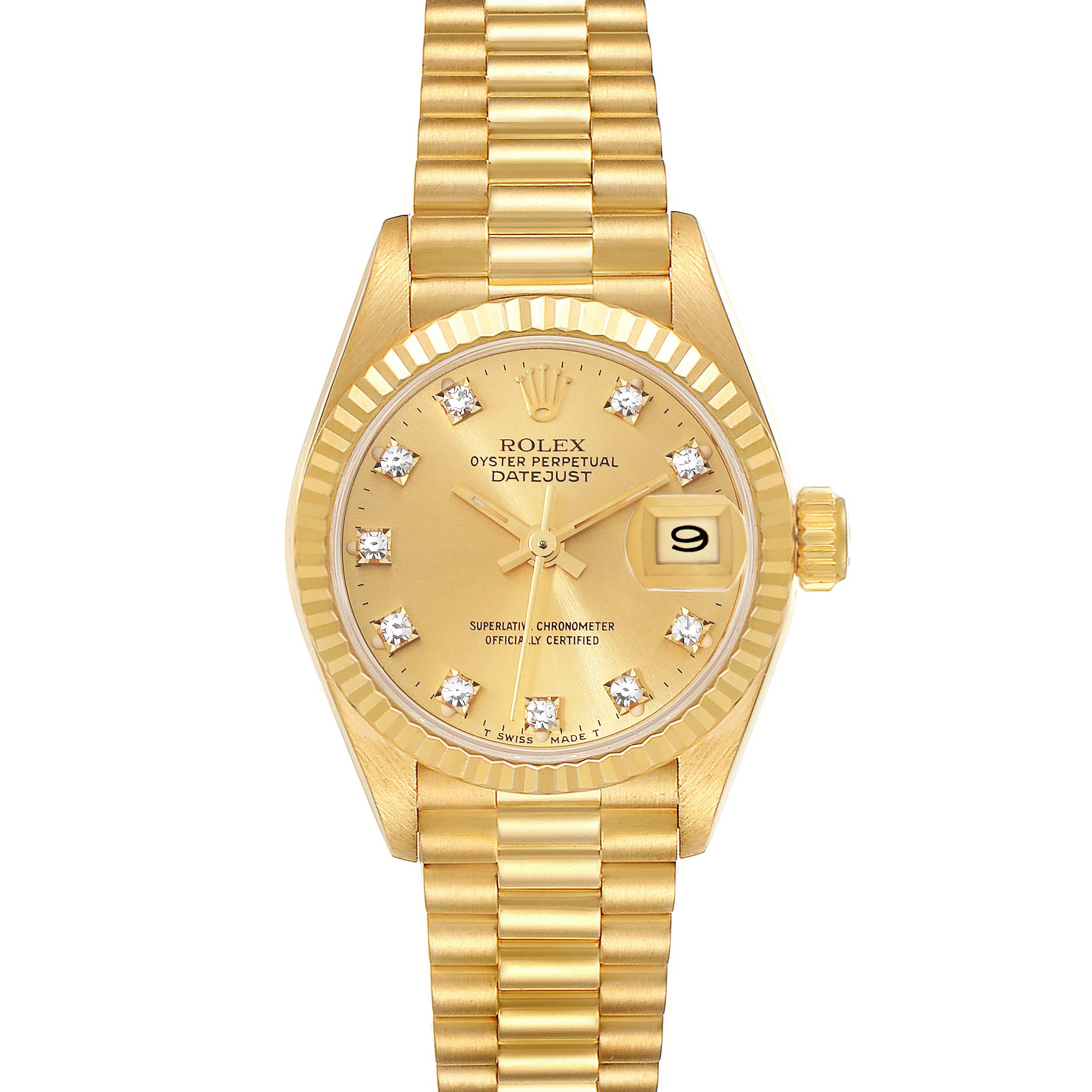 The image shows a front view of a Rolex President 69178 Women's Yellow Gold Champagne Dial 69178 Women's Yellow Gold Champagne Dial model watch, displaying the dial, bracelet, bezel, and crown.