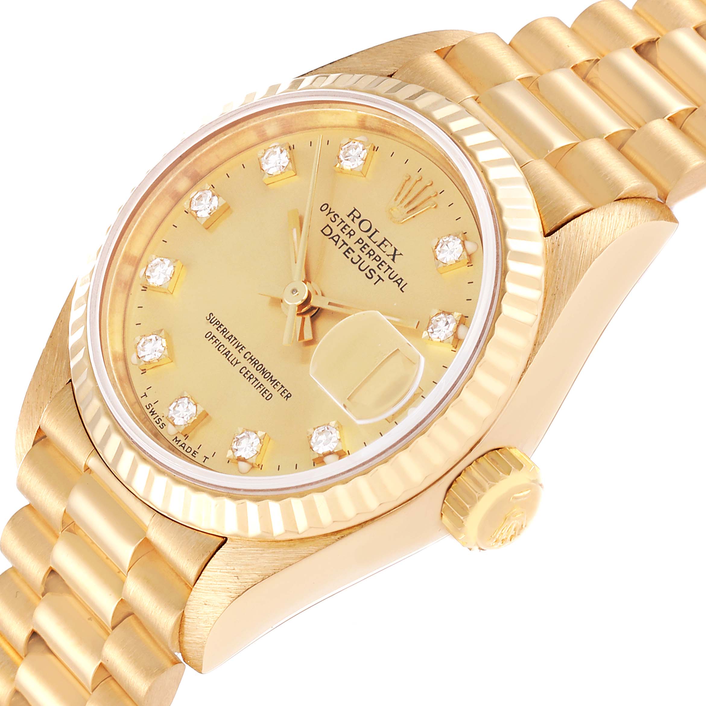 The image shows a close-up angle of the Rolex President 69178 Women's Yellow Gold Champagne Dial 69178 Women's Yellow Gold Champagne Dial model, displaying its face, crown, and part of the bracelet.