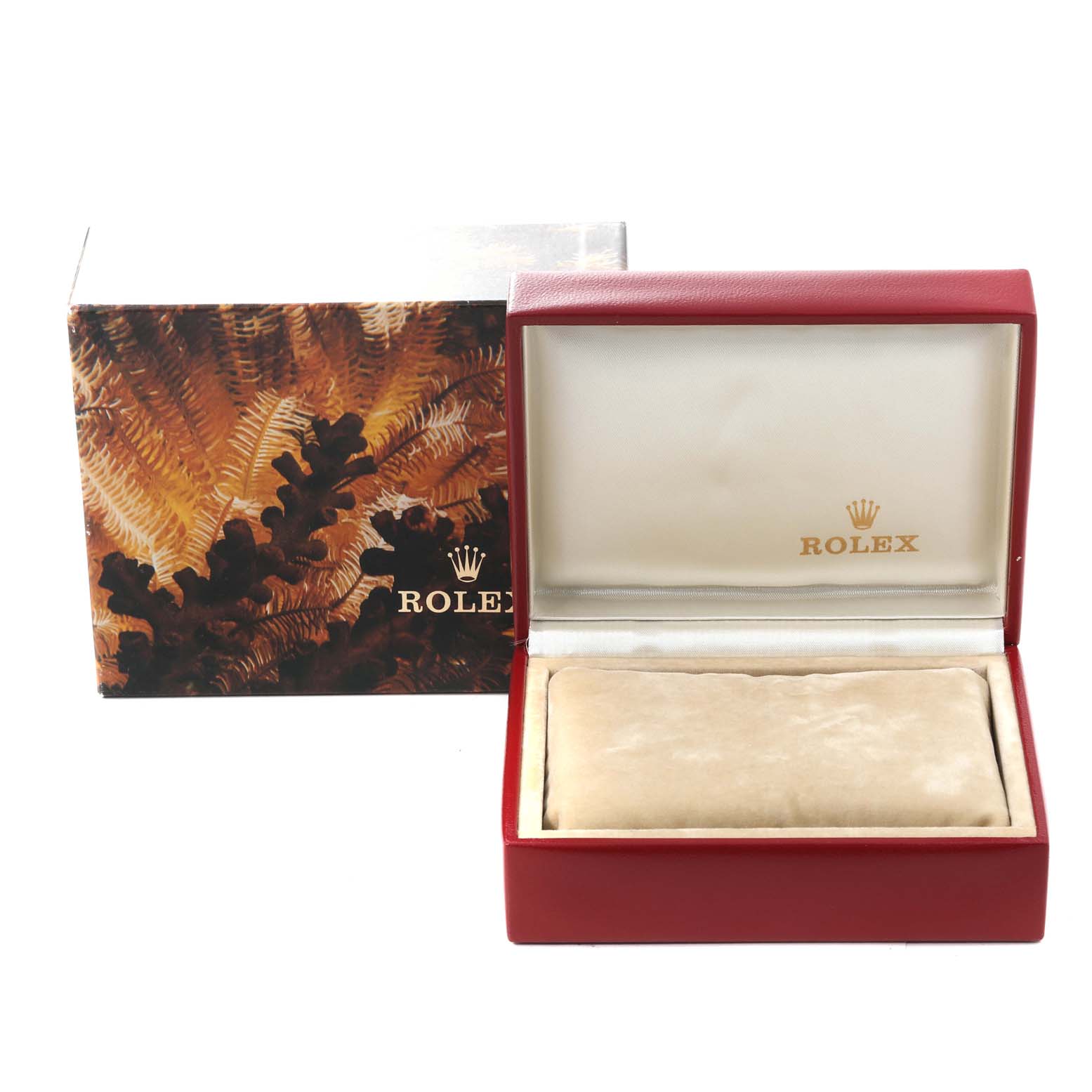 This image shows an open Rolex President 69178 Women's Yellow Gold Champagne Dial 69178 Women's Yellow Gold Champagne Dial model watch box and its outer packaging from a front angle.