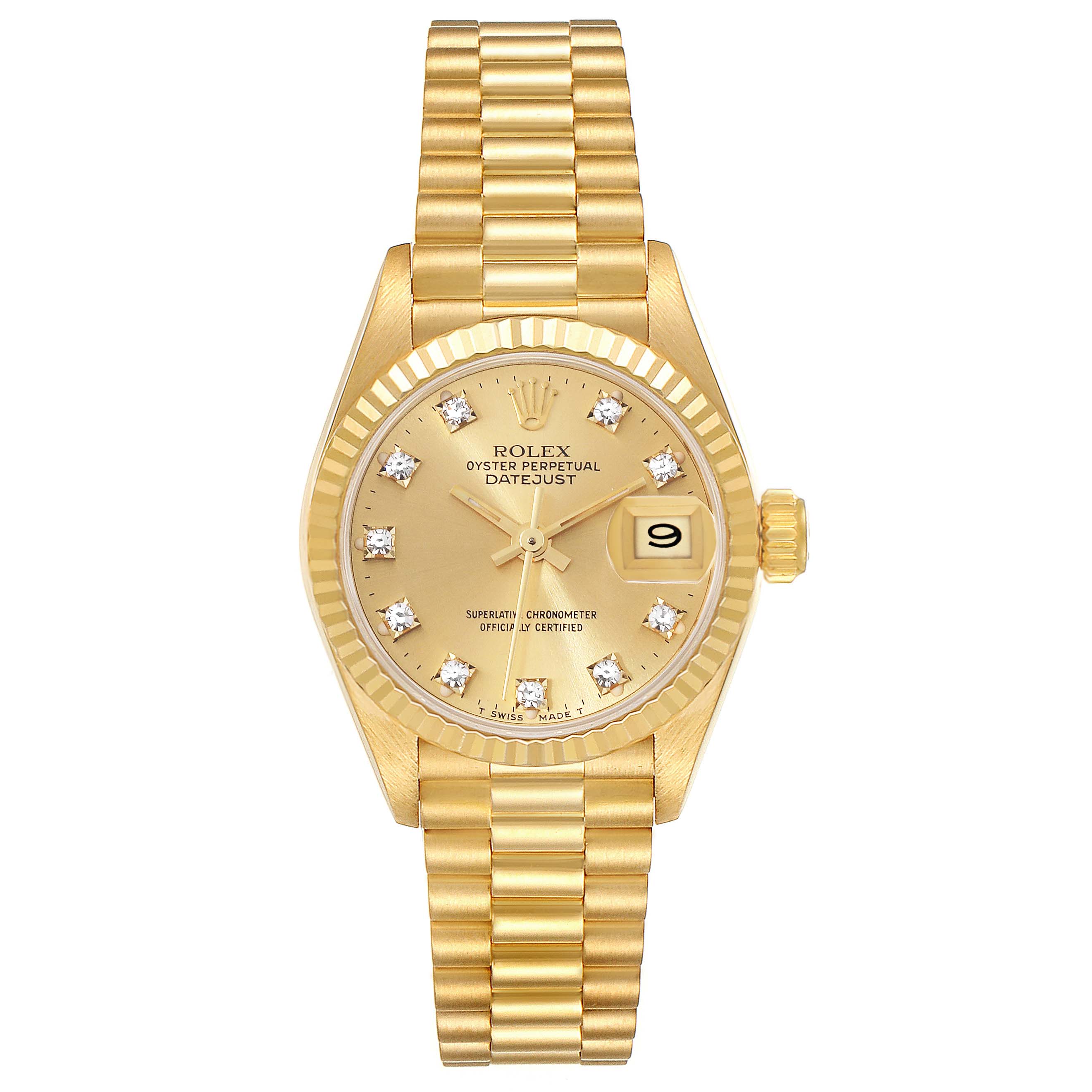 The image shows a front view of a Rolex President 69178 Women's Yellow Gold Champagne Dial 69178 Women's Yellow Gold Champagne Dial model watch with a gold bracelet, diamond markers, and a date display.