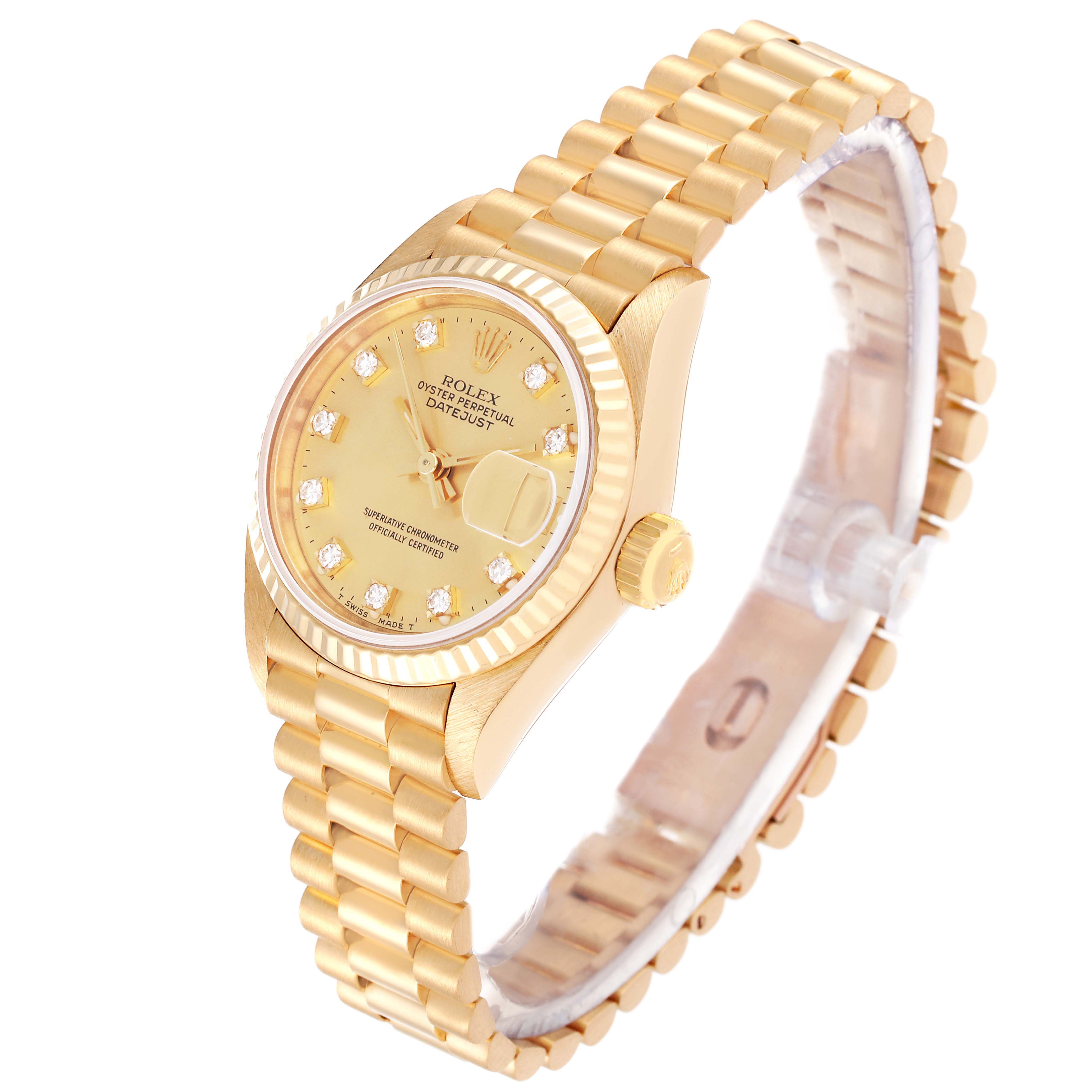 This image shows a gold Rolex President 69178 Women's Yellow Gold Champagne Dial 69178 Women's Yellow Gold Champagne Dial model watch at an oblique angle, highlighting its dial, crown, and bracelet.