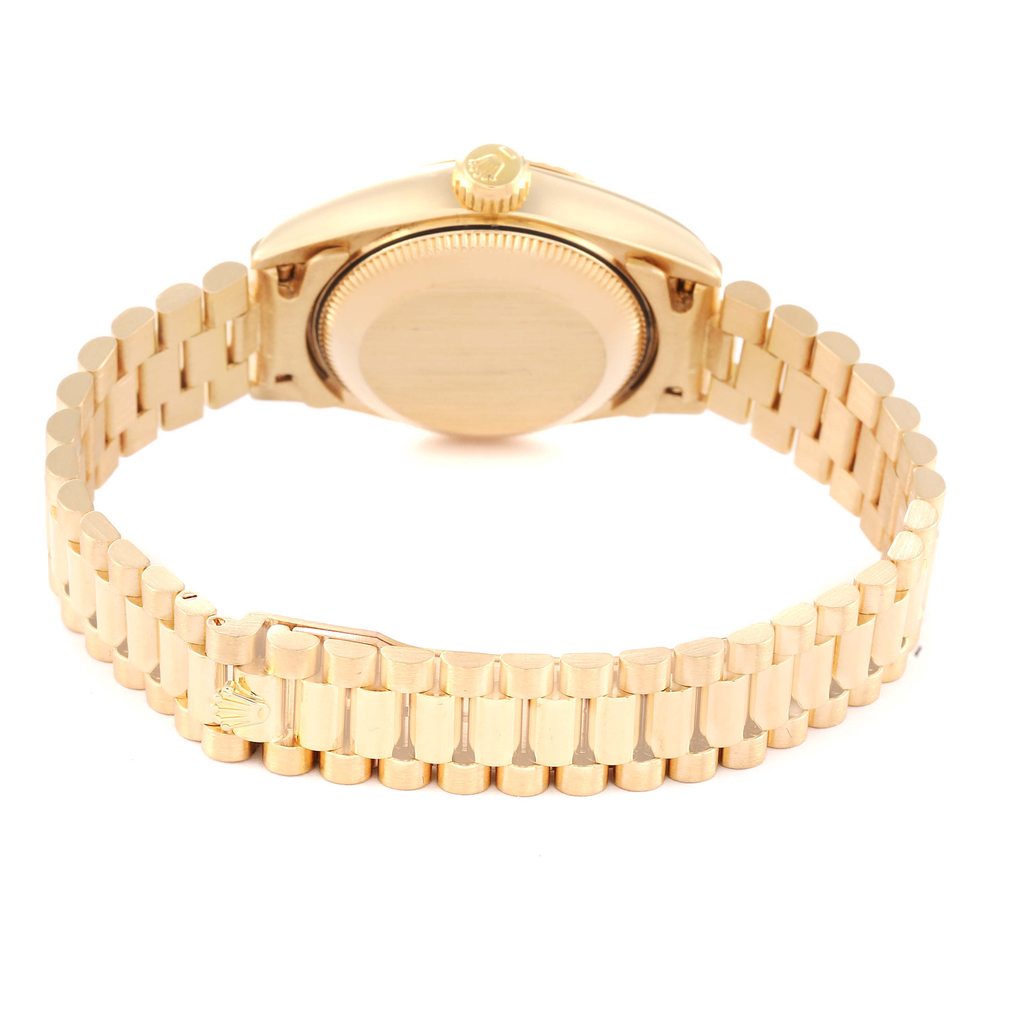 The image shows the back view of the Rolex President 69178 Women's Yellow Gold Champagne Dial 69178 Women's Yellow Gold Champagne Dial model watch, including the case back and the gold bracelet.