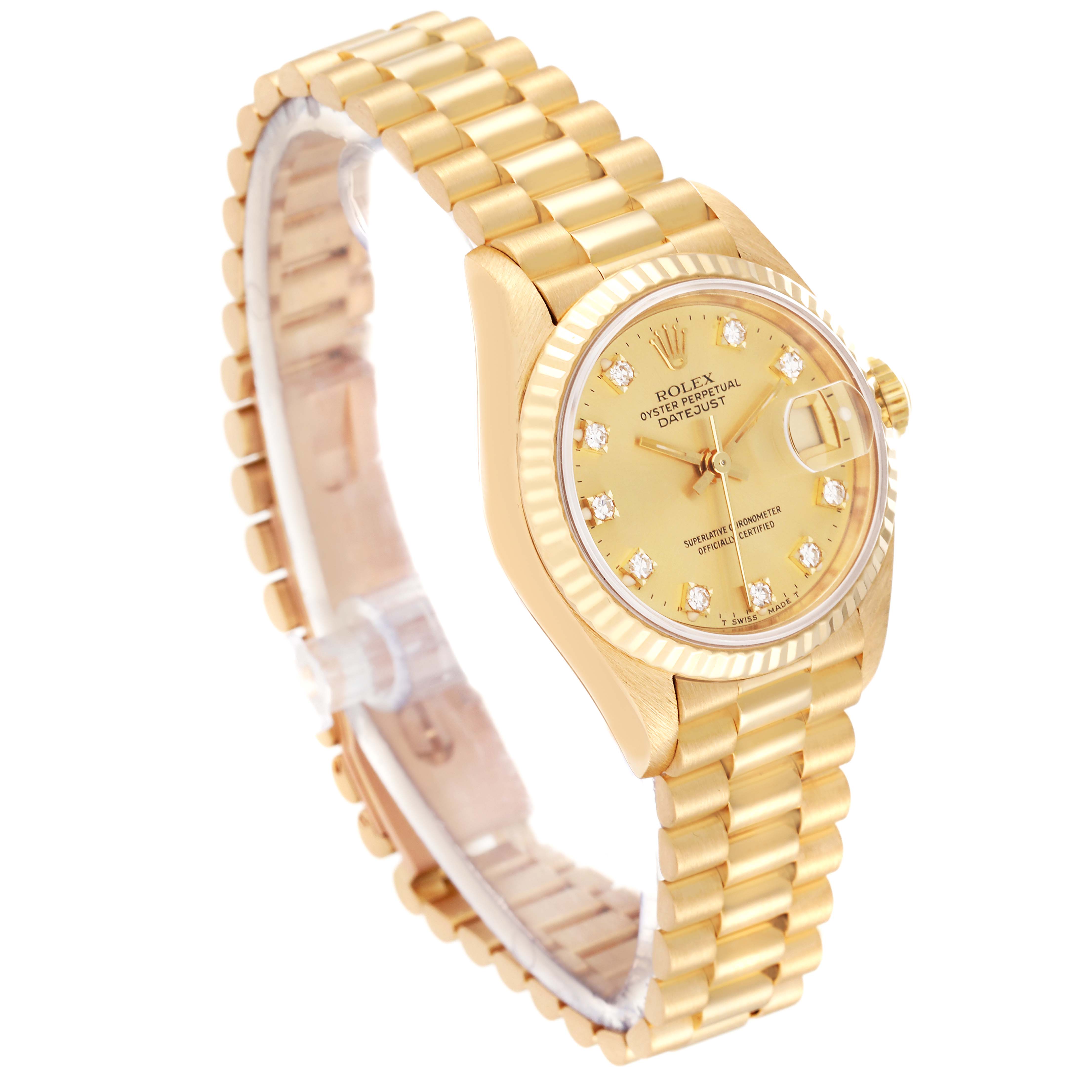 The image shows a gold Rolex President 69178 Women's Yellow Gold Champagne Dial 69178 Women's Yellow Gold Champagne Dial model watch at a 3/4 angle, highlighting the band, dial, and crown.