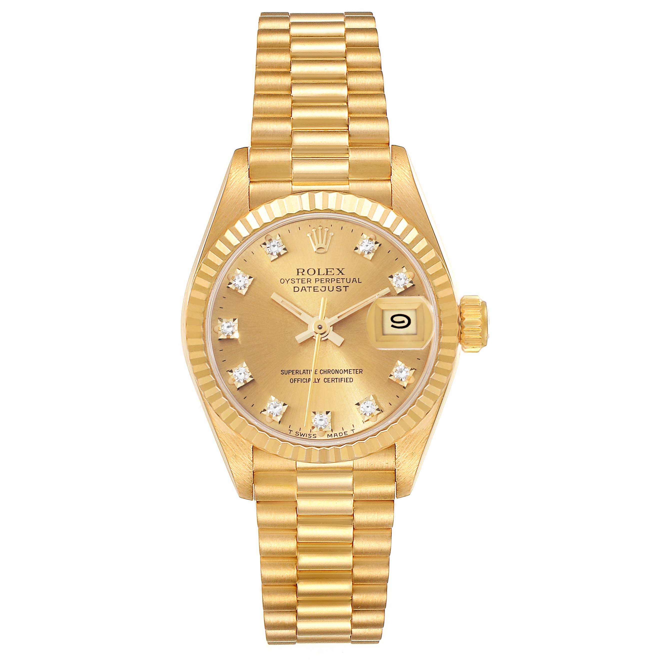 The image shows a Rolex President 69178 Women
s Yellow Gold Champagne Dial 69178 Women
s Yellow Gold Champagne Dial model watch from a top-down view, displaying the face, bezel, and bracelet.