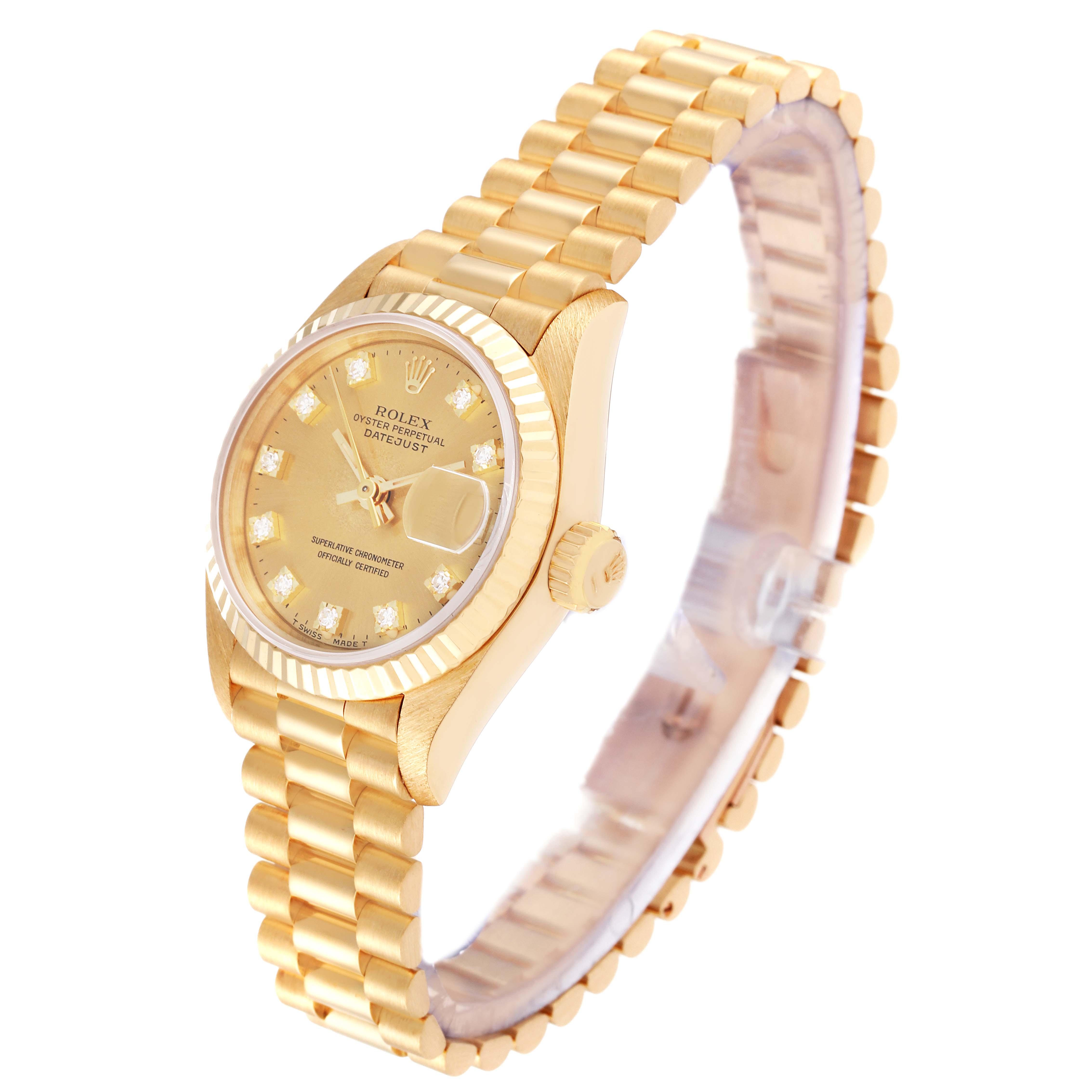 This image shows a side angle view of the Rolex President 69178 Women
s Yellow Gold Champagne Dial 69178 Women
s Yellow Gold Champagne Dial model watch, highlighting the watch face, bracelet, and crown.