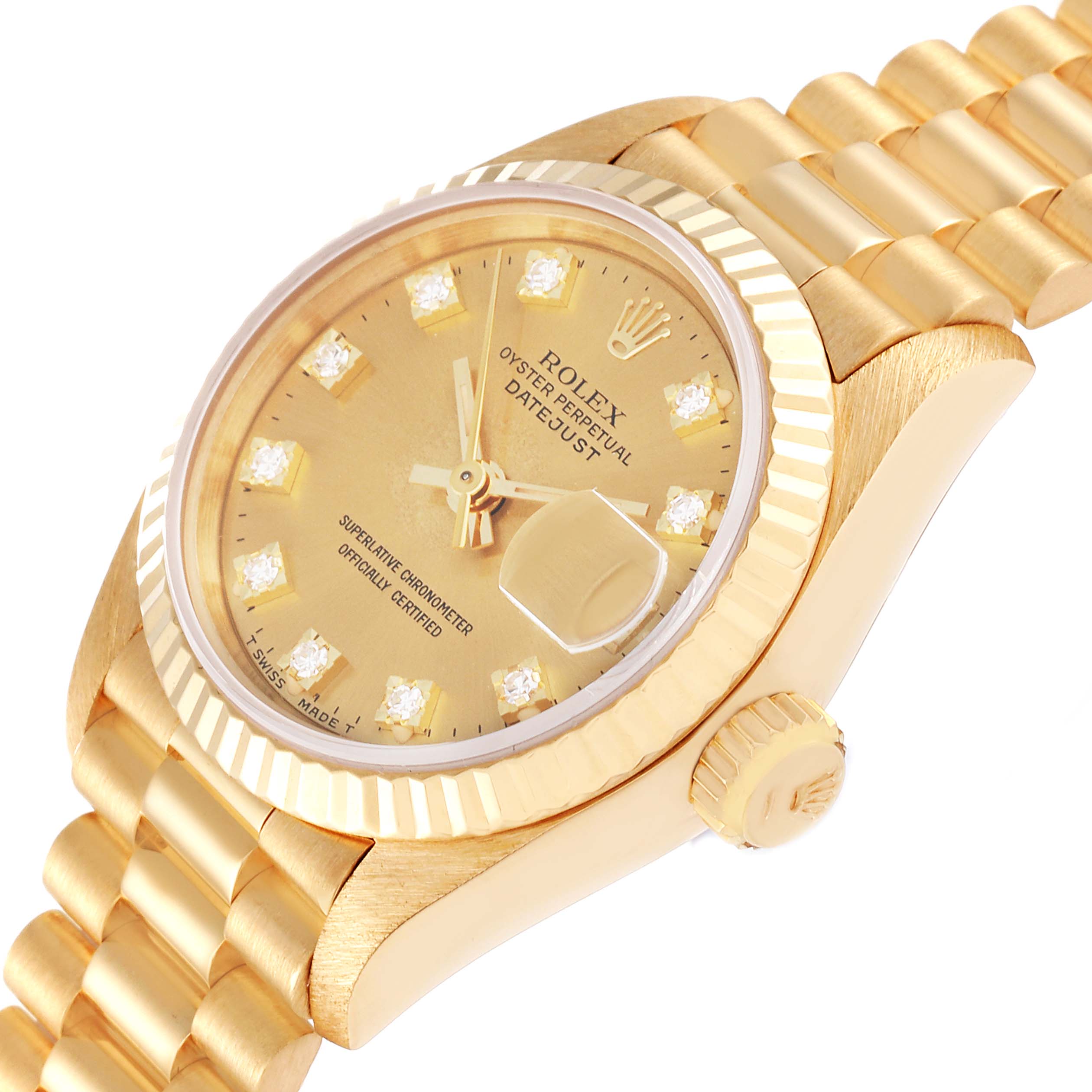 The image shows a close-up, angled view of the Rolex President 69178 Women
s Yellow Gold Champagne Dial 69178 Women
s Yellow Gold Champagne Dial model watch, highlighting the face, bezel, crown, and bracelet.