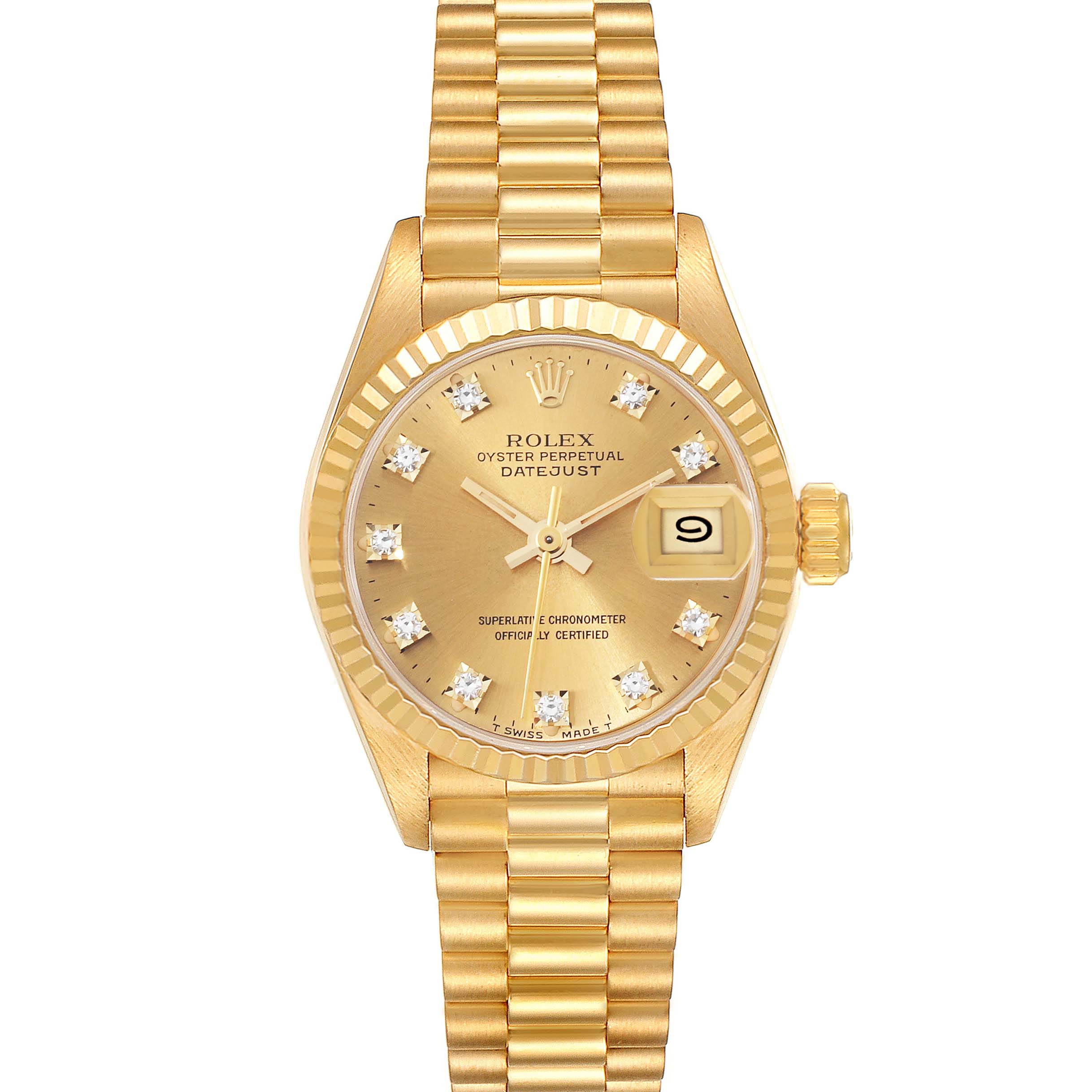 This image shows a front view of a Rolex President 69178 Women
s Yellow Gold Champagne Dial 69178 Women
s Yellow Gold Champagne Dial Oyster Perpetual Datejust watch, highlighting its gold dial, bracelet, and date window.