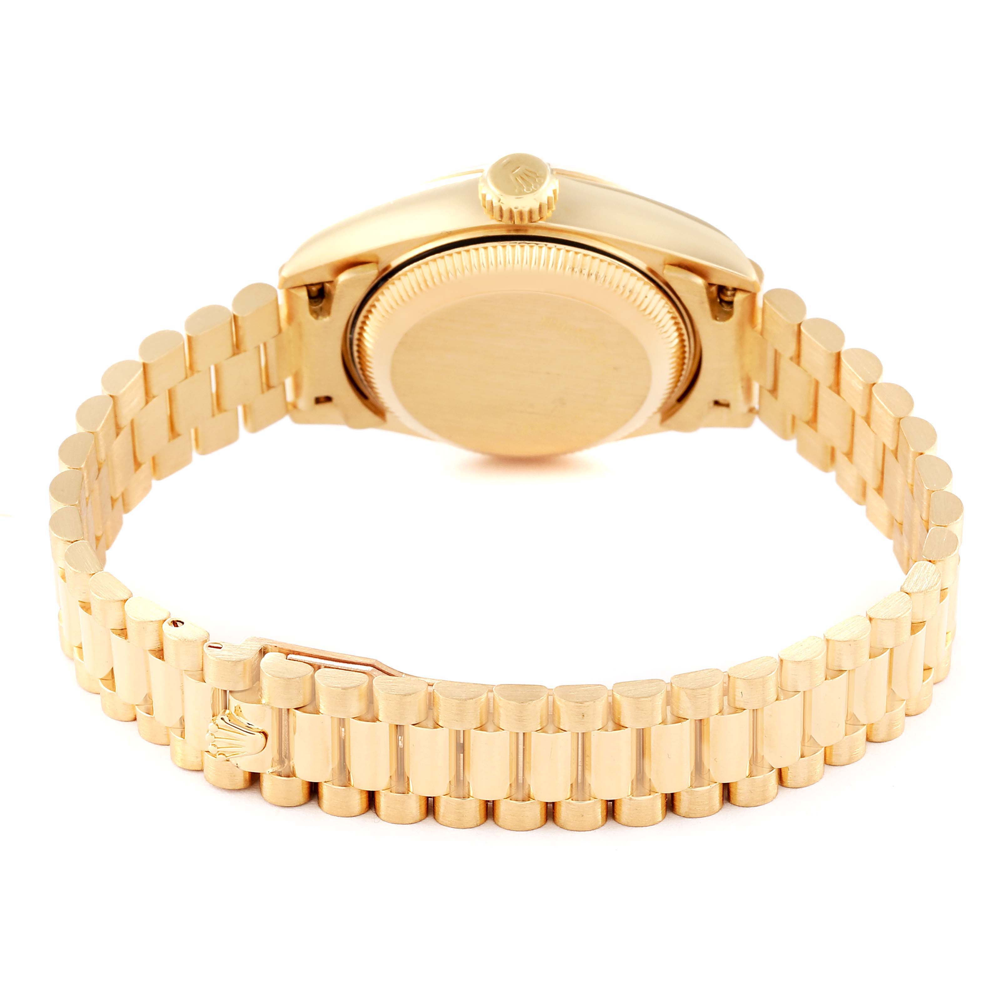 The image shows the back view of a Rolex President 69178 Women
s Yellow Gold Champagne Dial 69178 Women
s Yellow Gold Champagne Dial model watch, highlighting its case back and gold band with a clasp.