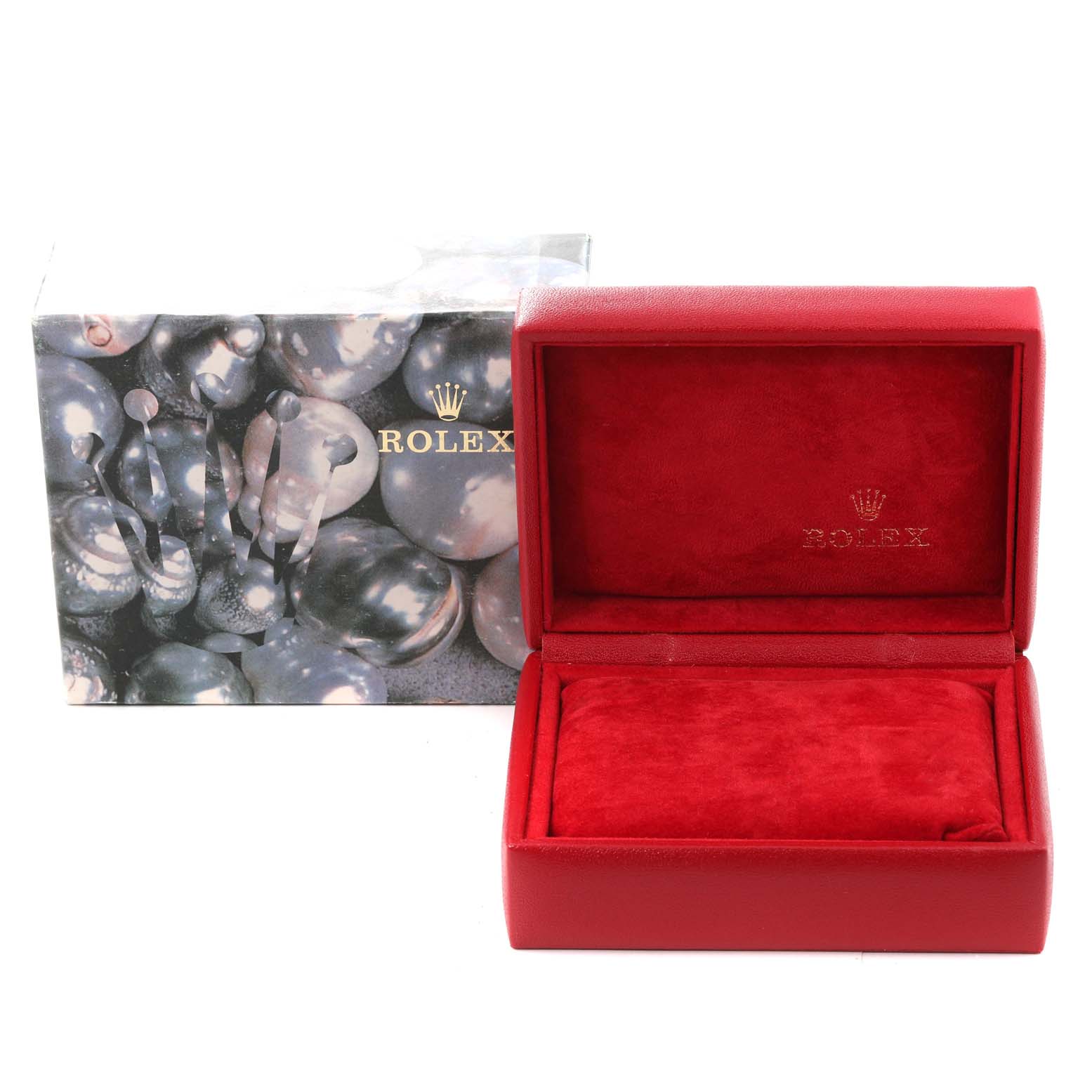 The image shows a Rolex President 69178 Women
s Yellow Gold Champagne Dial 69178 Women
s Yellow Gold Champagne Dial watch box and packaging, with the box open to reveal the red interior.