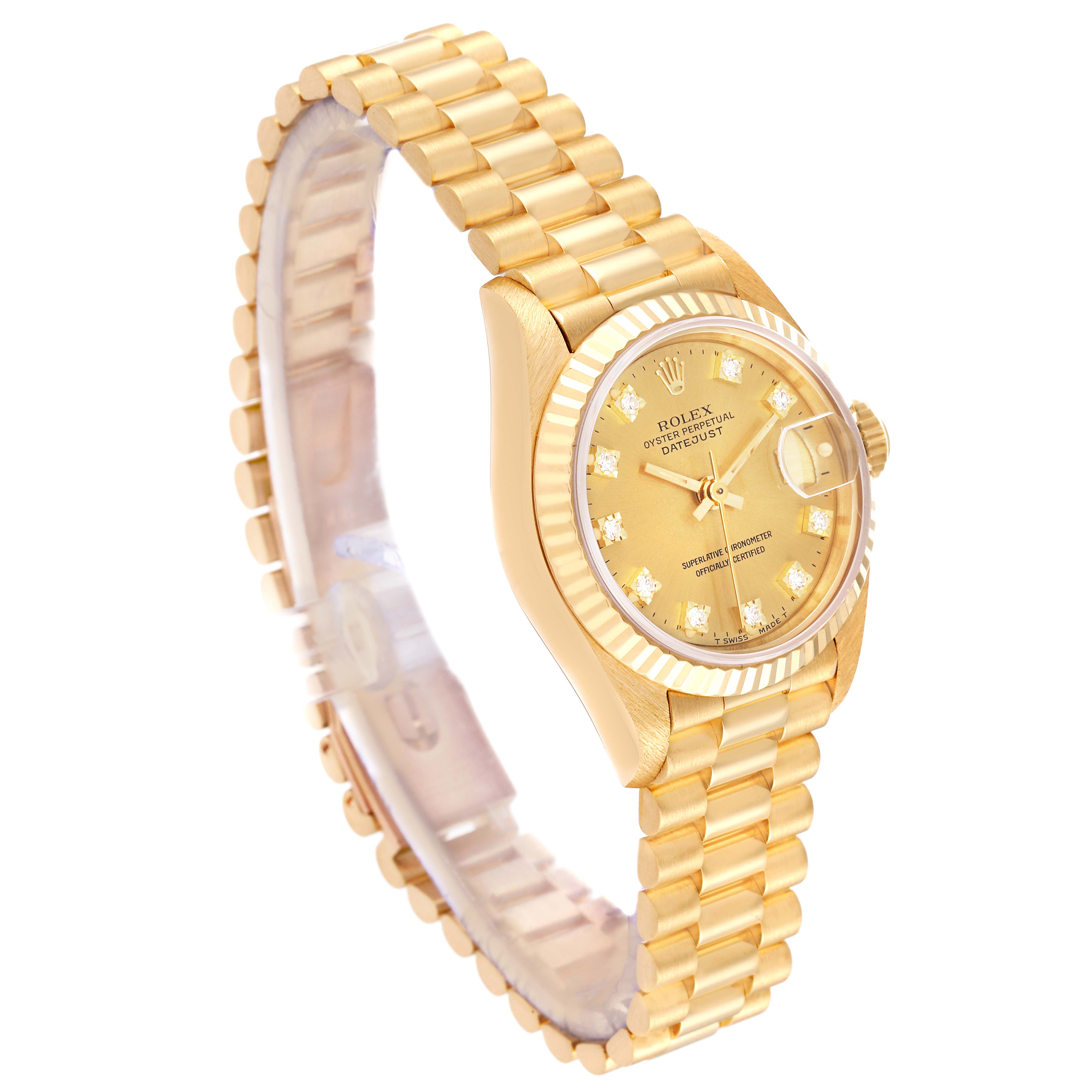 This Rolex President 69178 Women
s Yellow Gold Champagne Dial 69178 Women
s Yellow Gold Champagne Dial model watch is shown at a three-quarter angle, displaying its gold bracelet, bezel, and dial with diamond hour markers.