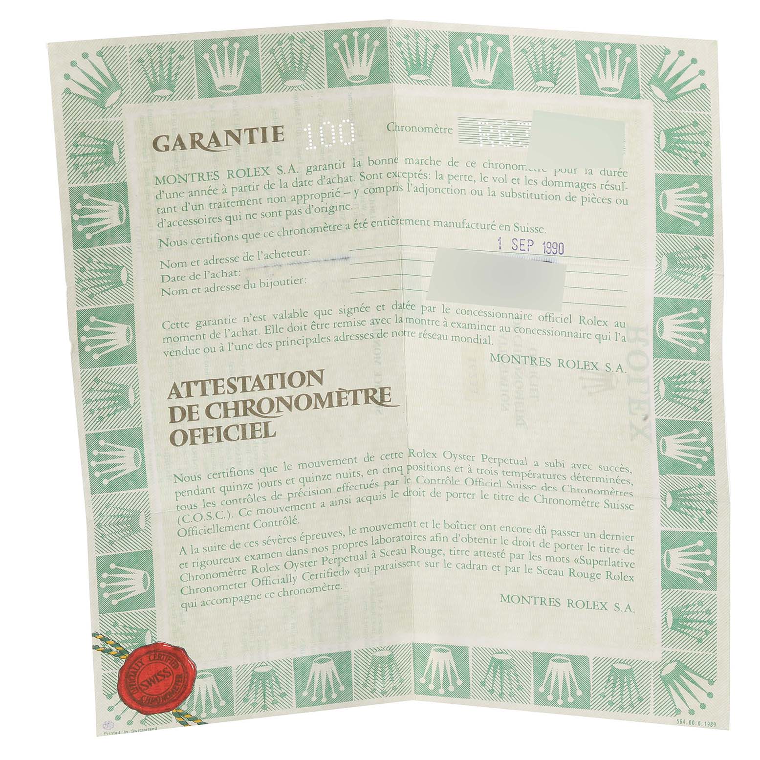 The image shows the warranty certificate for a Rolex Datejust 16233 Men's Steel and Gold (two tone) Silver Dial 16233 Men's Steel and Gold (two tone) Silver Dial watch, including the official chronometer certification.