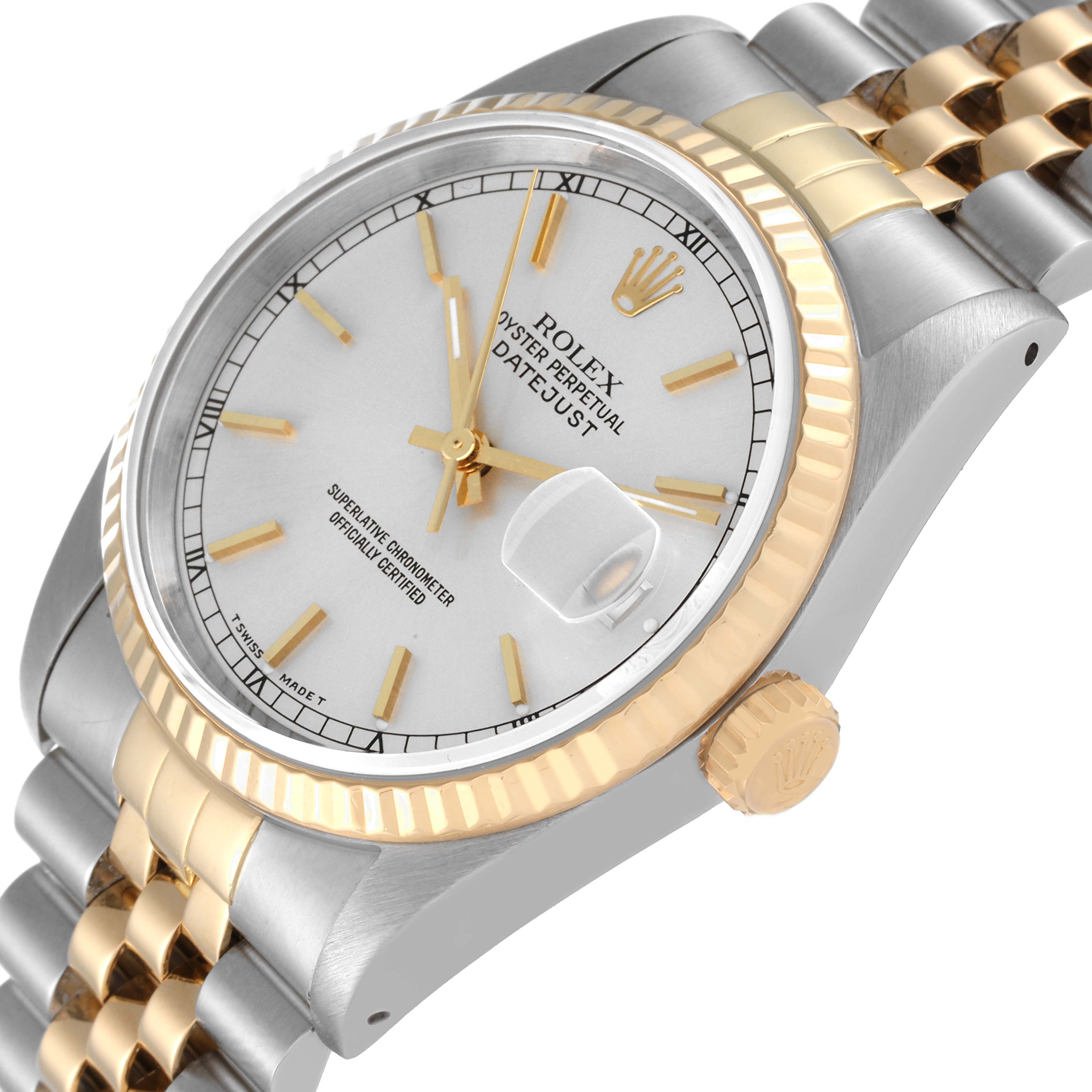 The image shows a close-up angled view of the Rolex Datejust 16233 Men's Steel and Gold (two tone) Silver Dial 16233 Men's Steel and Gold (two tone) Silver Dial watch, highlighting the dial, crown, and part of the bracelet.
