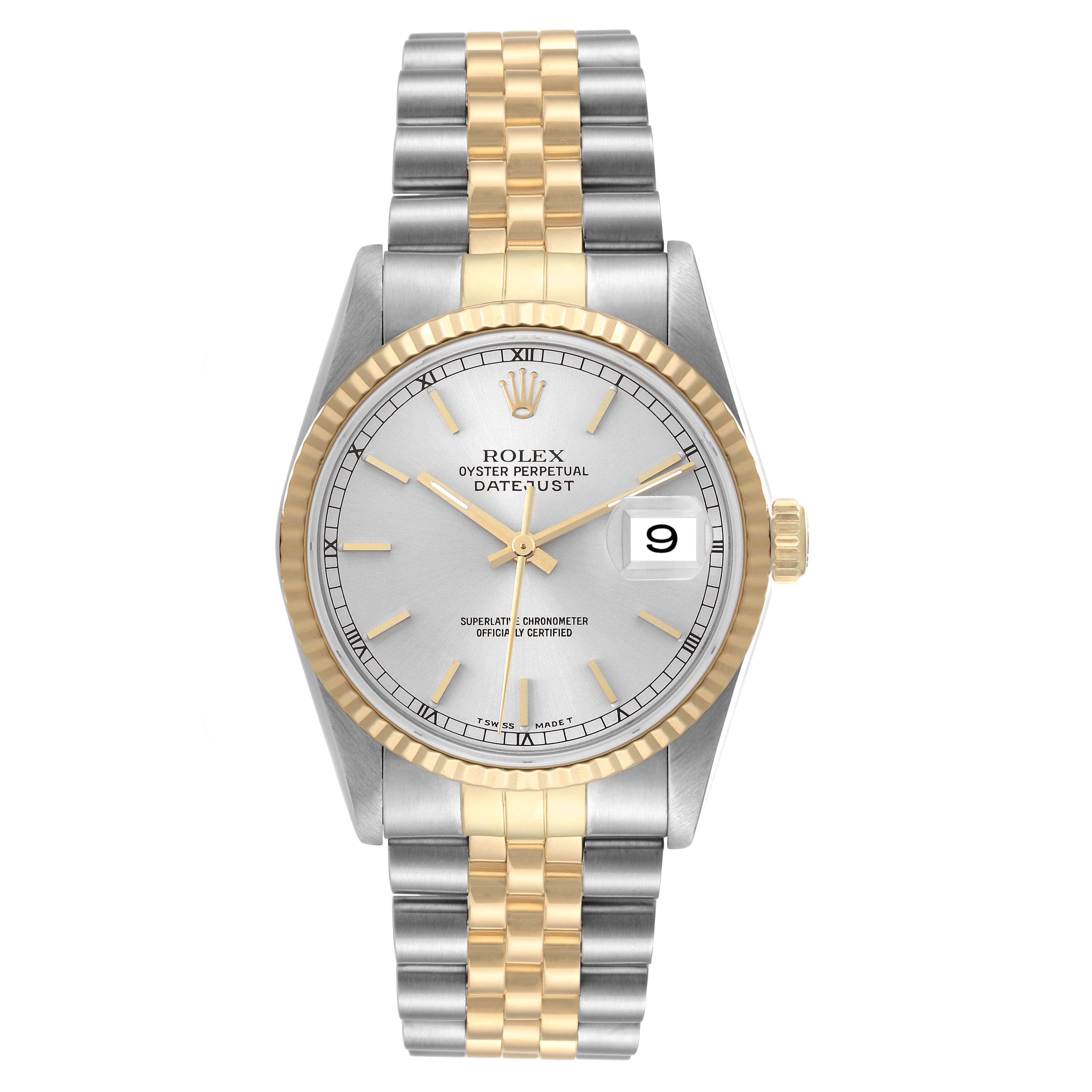 The image shows a Rolex Datejust 16233 Men's Steel and Gold (two tone) Silver Dial 16233 Men's Steel and Gold (two tone) Silver Dial watch from a top-down angle, featuring a two-tone bracelet, date window, and fluted bezel.
