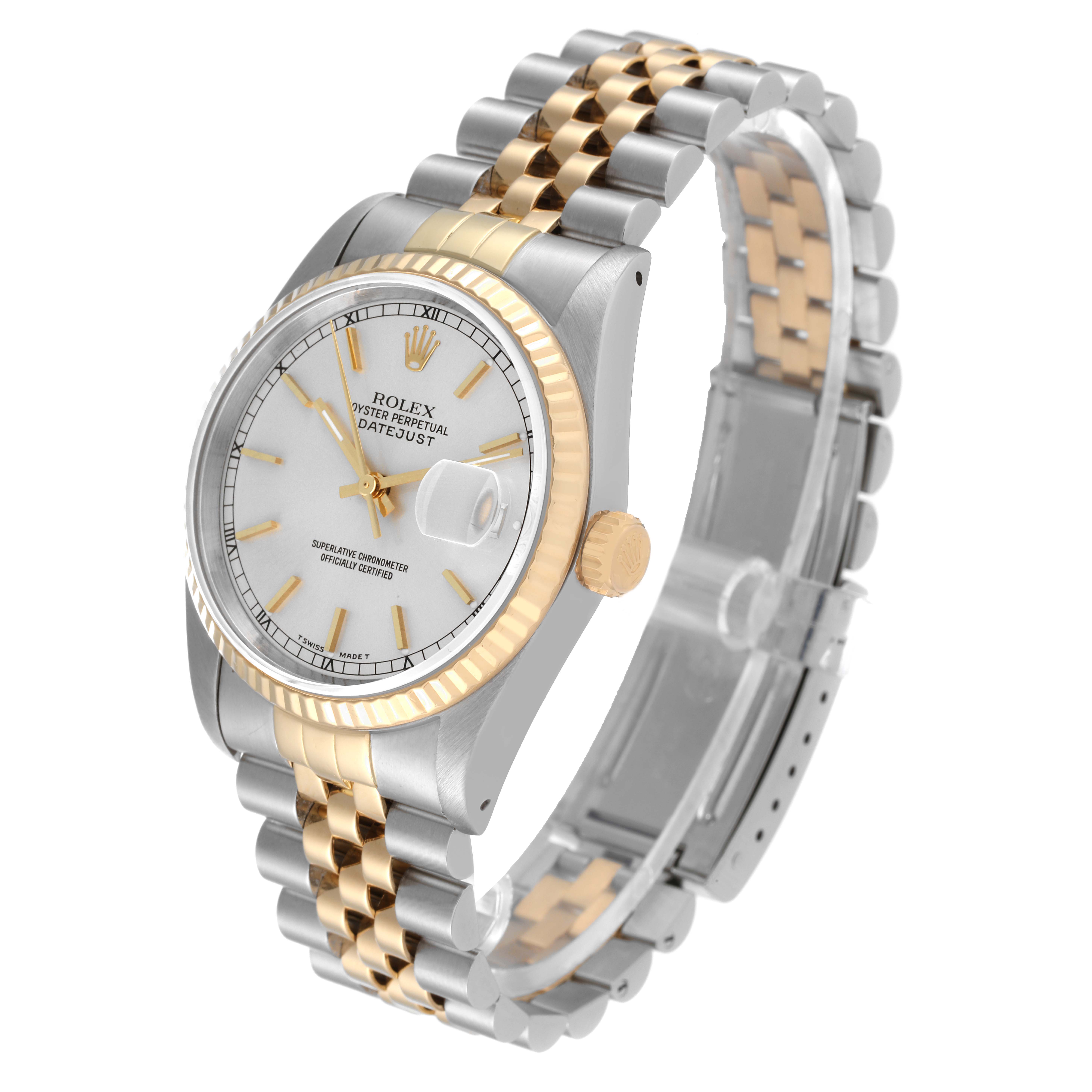 This image shows a Rolex Datejust 16233 Men's Steel and Gold (two tone) Silver Dial 16233 Men's Steel and Gold (two tone) Silver Dial watch at a three-quarter angle, highlighting the face, crown, and two-tone bracelet.