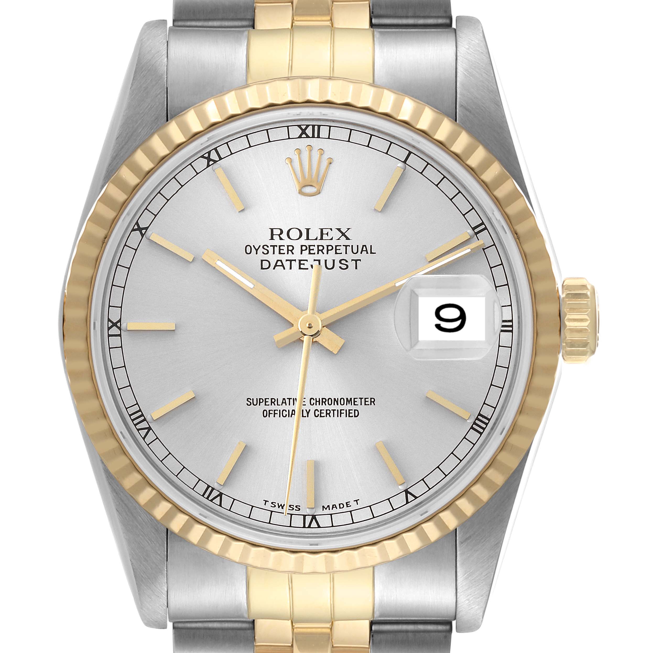 The image shows a front view of the Rolex Datejust 16233 Men's Steel and Gold (two tone) Silver Dial 16233 Men's Steel and Gold (two tone) Silver Dial watch, highlighting the dial, bezel, and partial bracelet.