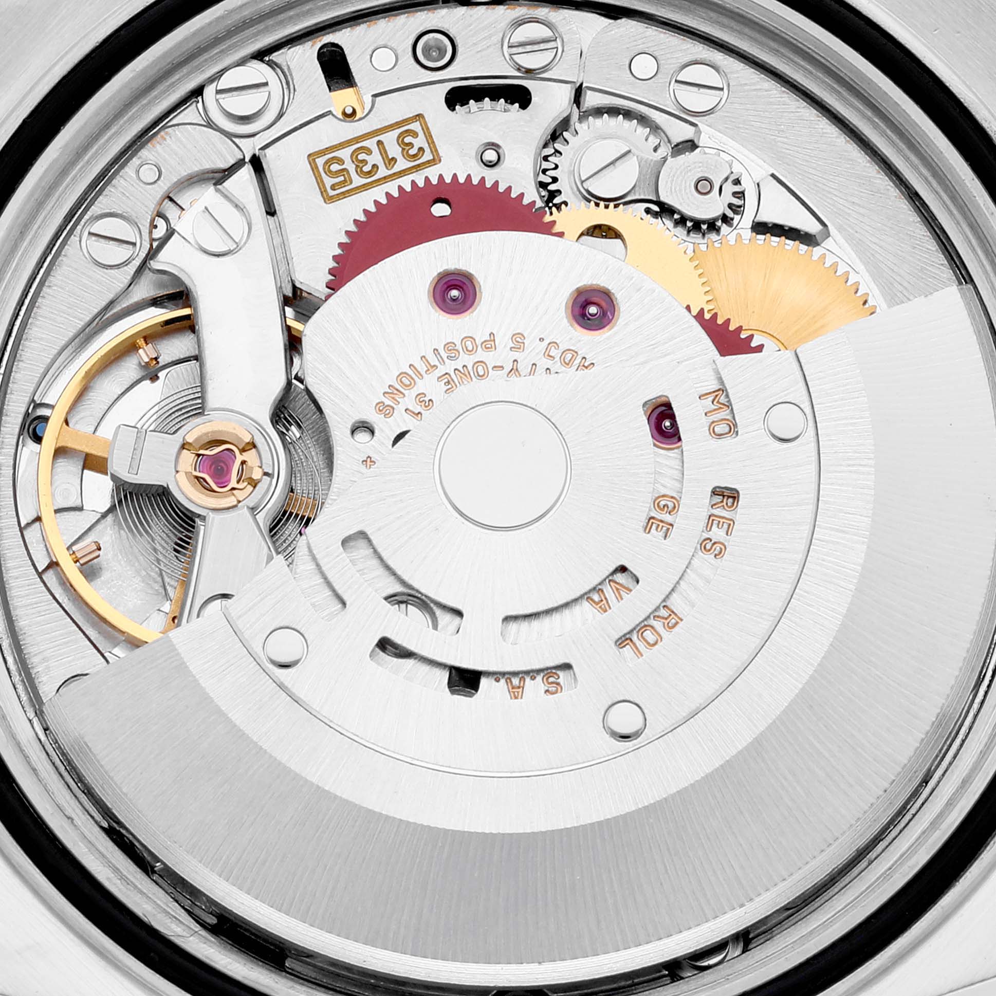 This image shows the internal mechanism of a Rolex Datejust 16233 Men's Steel and Gold (two tone) Silver Dial 16233 Men's Steel and Gold (two tone) Silver Dial watch, focusing on the movement and gears.