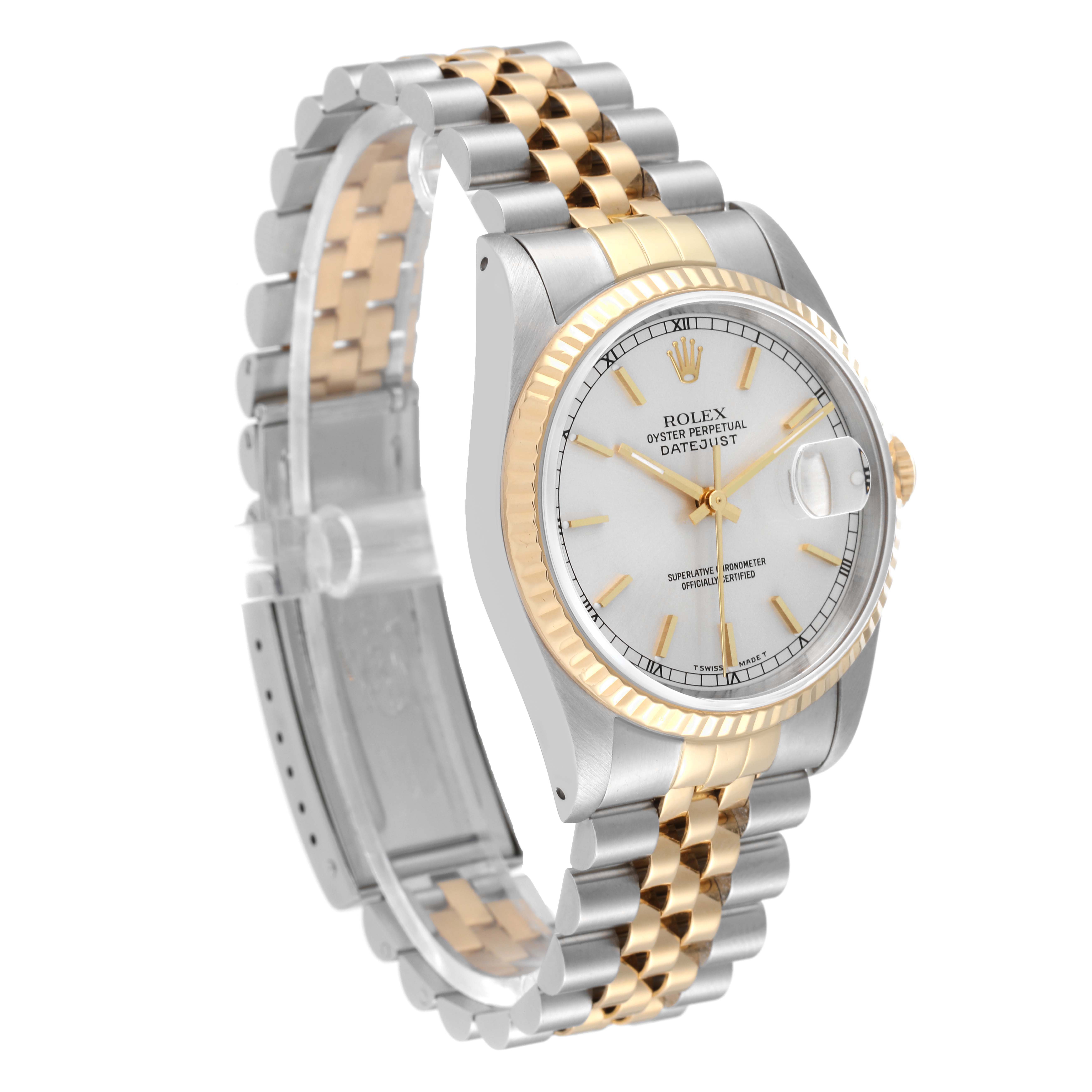 The Rolex Datejust 16233 Men's Steel and Gold (two tone) Silver Dial 16233 Men's Steel and Gold (two tone) Silver Dial watch is shown at a three-quarter angle, highlighting its two-tone bracelet, case, and dial.