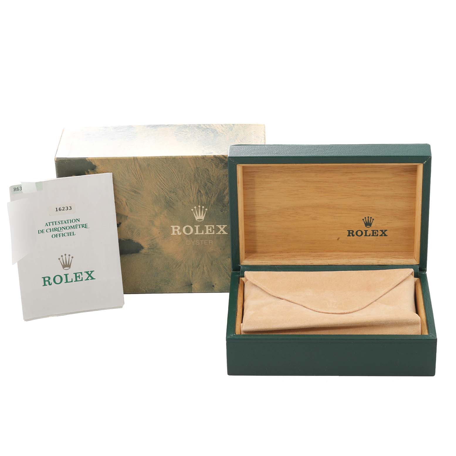 The image shows a Rolex Datejust 16233 Men's Steel and Gold (two tone) Silver Dial 16233 Men's Steel and Gold (two tone) Silver Dial watch box, outer packaging, and an accompanying certificate.