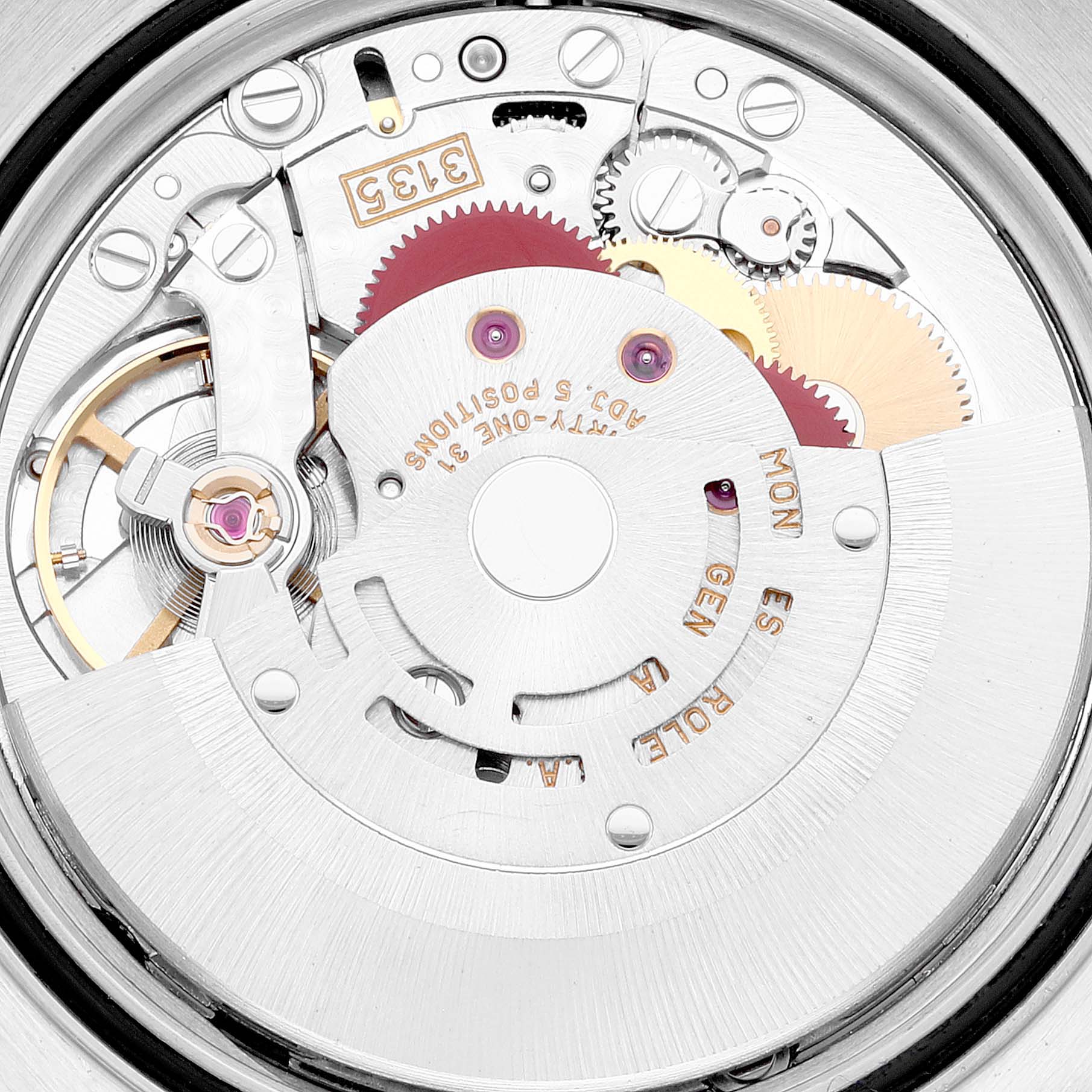 The image shows the intricate inner mechanics of a Rolex Datejust 16233 Men's Steel and Gold (two tone) Champagne Dial 16233 Men's Steel and Gold (two tone) Champagne Dial model watch from a close-up, top-down angle.