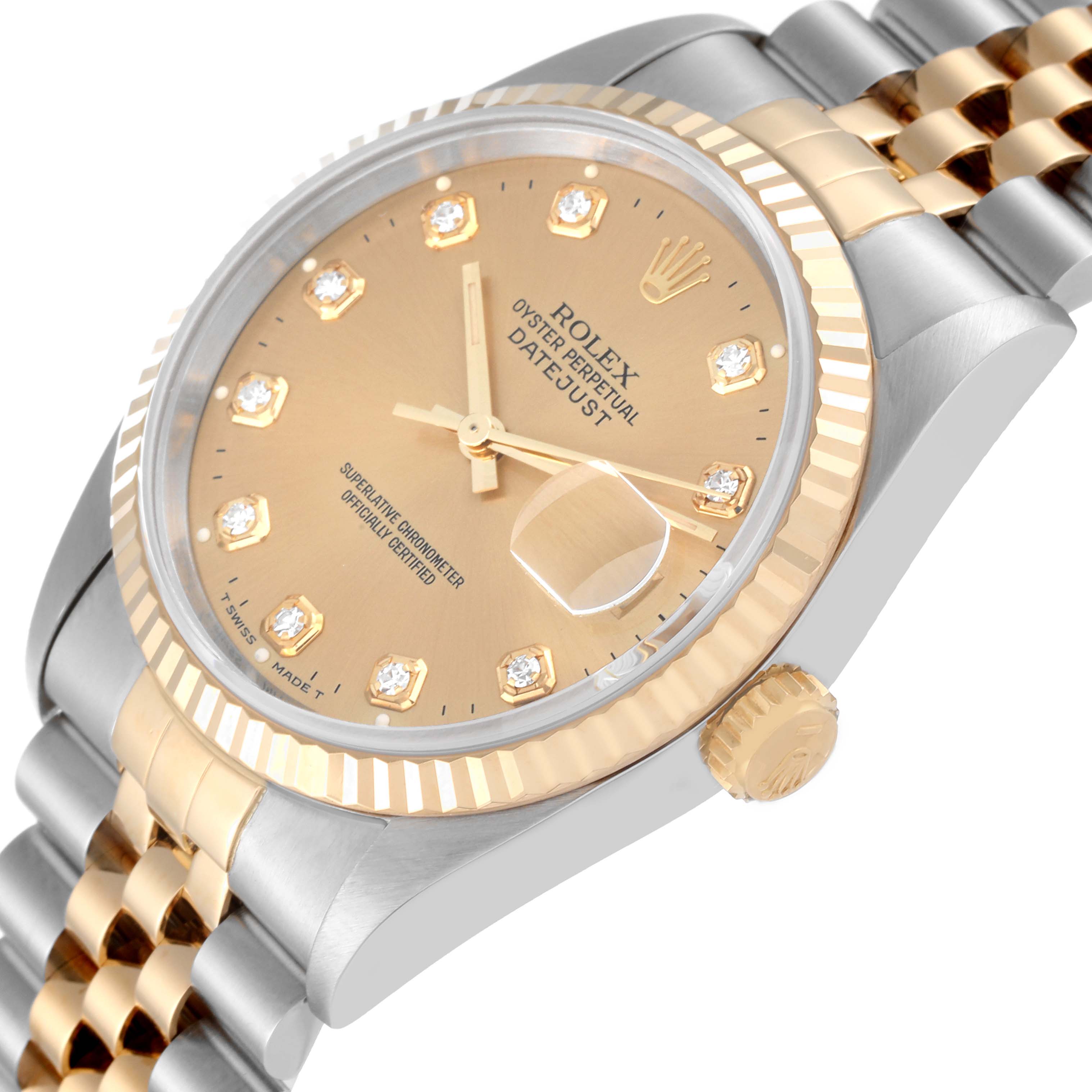 This Rolex Datejust 16233 Men's Steel and Gold (two tone) Champagne Dial 16233 Men's Steel and Gold (two tone) Champagne Dial watch is shown at an angle displaying the gold and silver bracelet, bezel, crown, and face with diamond markers.