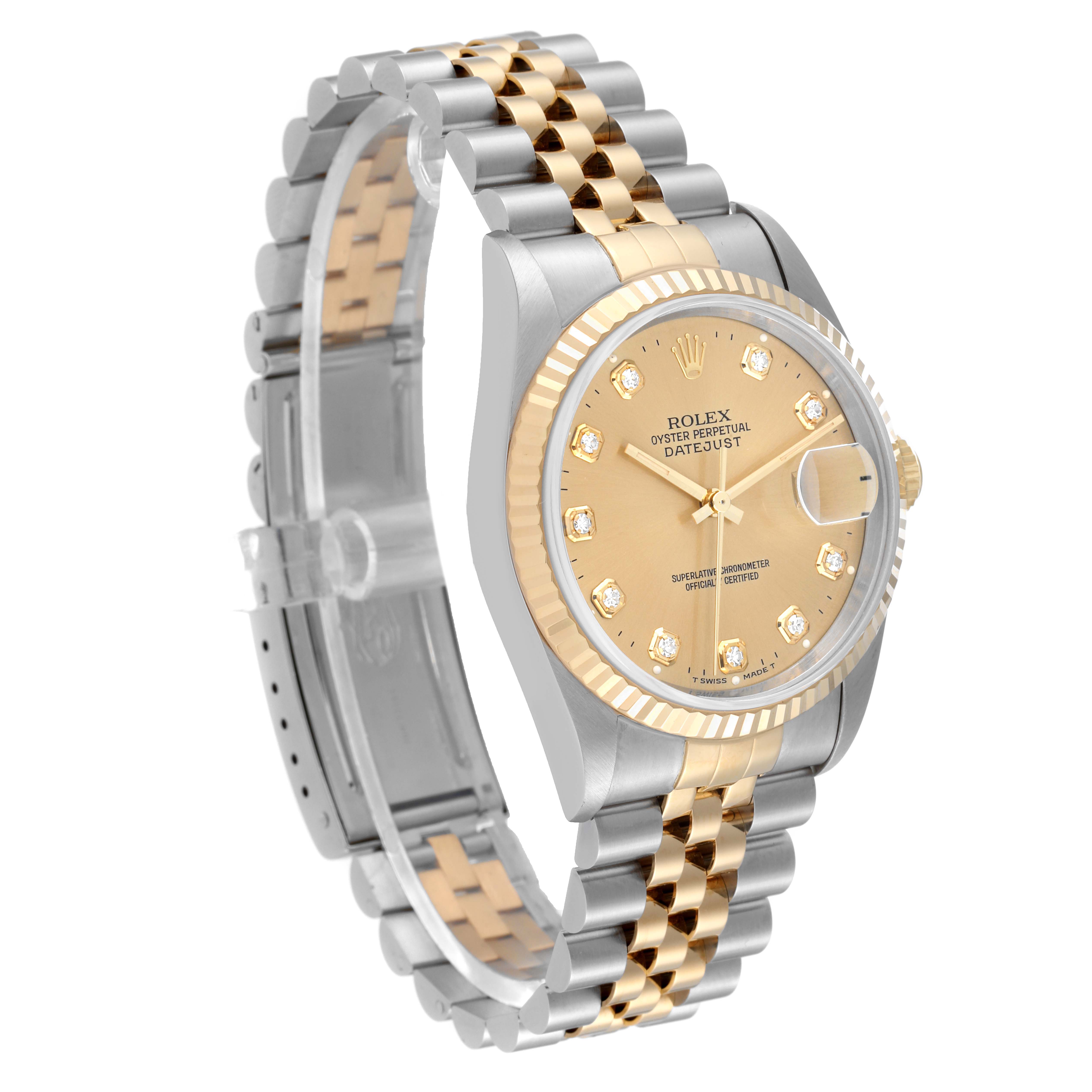 The image shows a Rolex Datejust 16233 Men's Steel and Gold (two tone) Champagne Dial 16233 Men's Steel and Gold (two tone) Champagne Dial watch from a three-quarter angle, highlighting its dial, bezel, and two-tone bracelet.