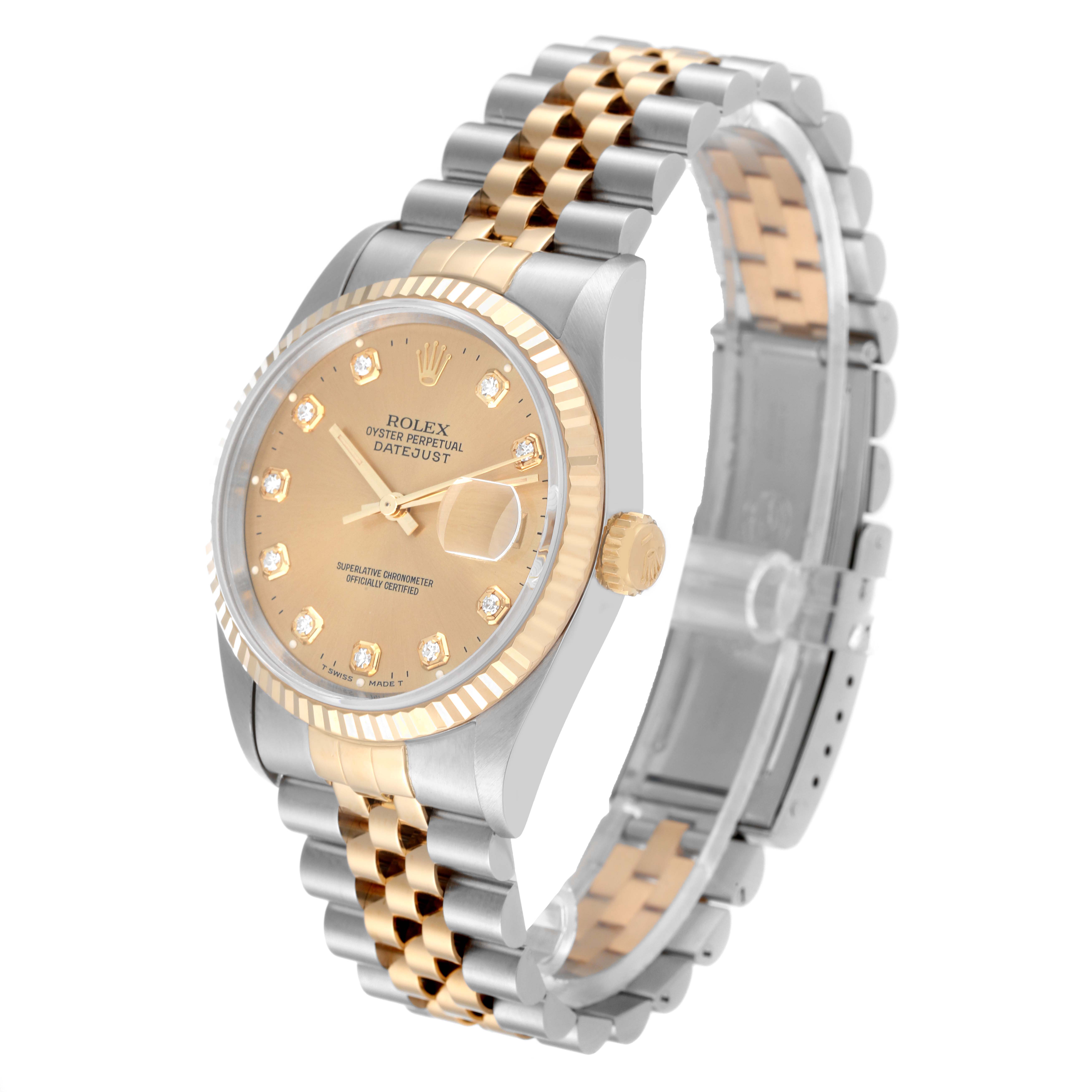 The Rolex Datejust 16233 Men's Steel and Gold (two tone) Champagne Dial 16233 Men's Steel and Gold (two tone) Champagne Dial watch is shown at an angle displaying its face, bezel, crown, and two-tone bracelet.