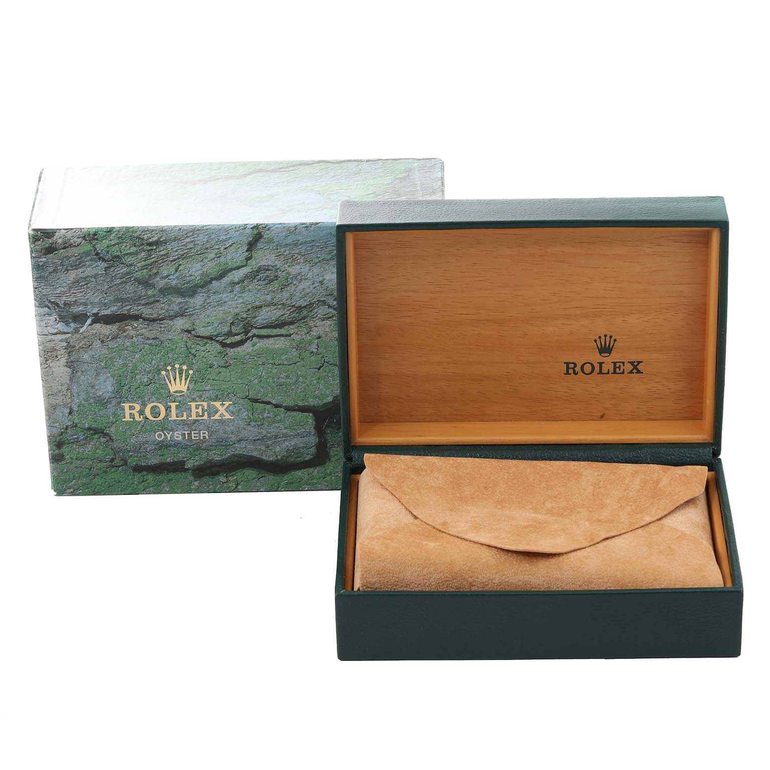 This image shows the packaging and a leather pouch for a Rolex Datejust 16233 Men's Steel and Gold (two tone) Champagne Dial 16233 Men's Steel and Gold (two tone) Champagne Dial watch, with the box lid open.