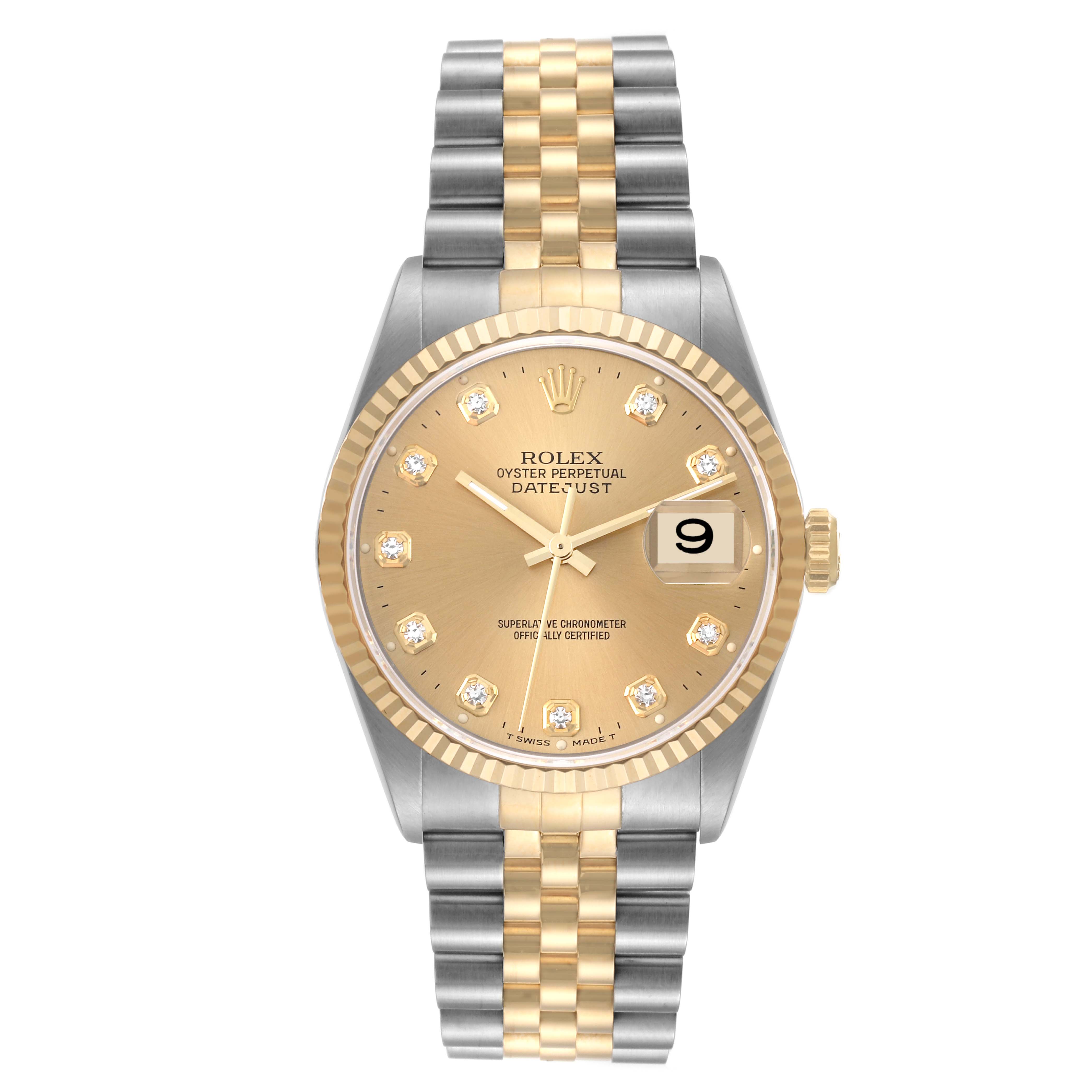 This Rolex Datejust 16233 Men's Steel and Gold (two tone) Champagne Dial 16233 Men's Steel and Gold (two tone) Champagne Dial watch is shown from the front, highlighting its dial, fluted bezel, and two-tone bracelet.