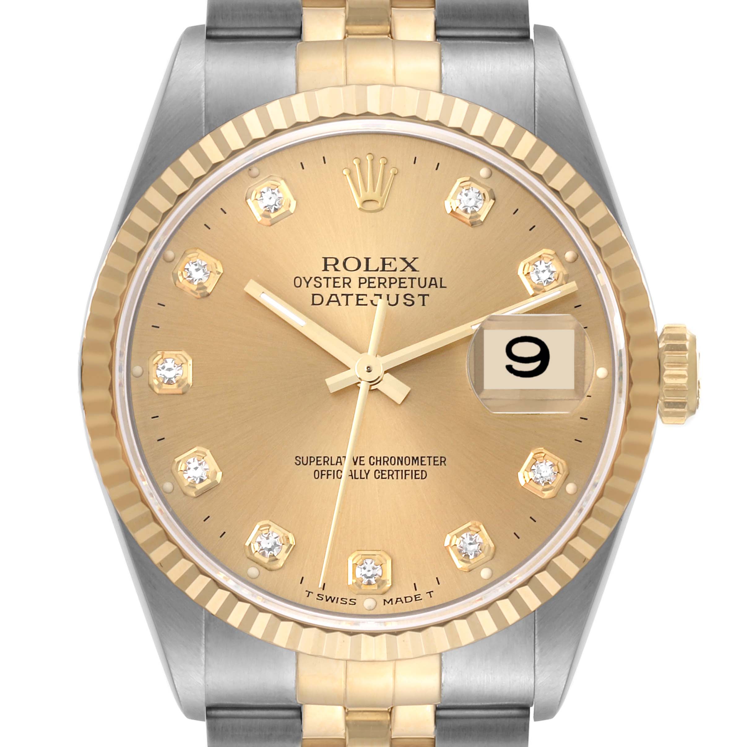 The image shows a Rolex Datejust 16233 Men's Steel and Gold (two tone) Champagne Dial 16233 Men's Steel and Gold (two tone) Champagne Dial watch from the front, highlighting the dial, bezel, crown, and part of the bracelet.