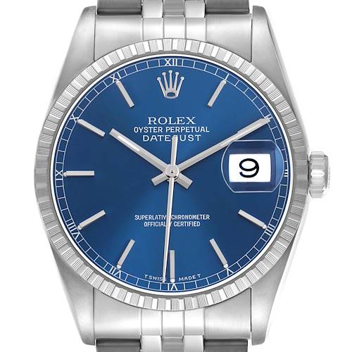 Rolex Datejust Steel Engine Turned Bezel Blue Dial Mens Watch 16220 Box Papers