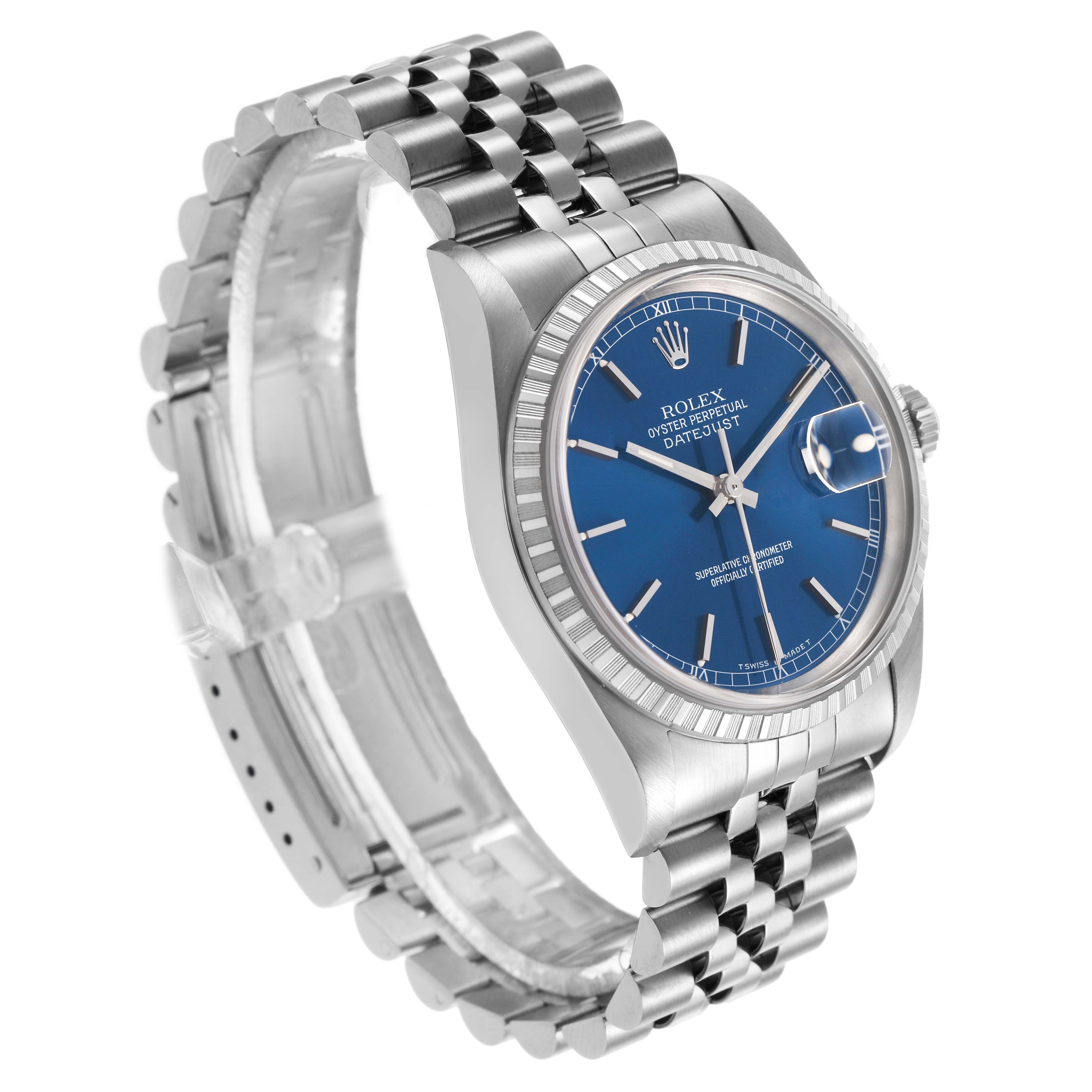 The Rolex Datejust 16220 Men's Stainless Steel Blue Dial watch is shown at a three-quarter angle, displaying its face, bezel, and bracelet.