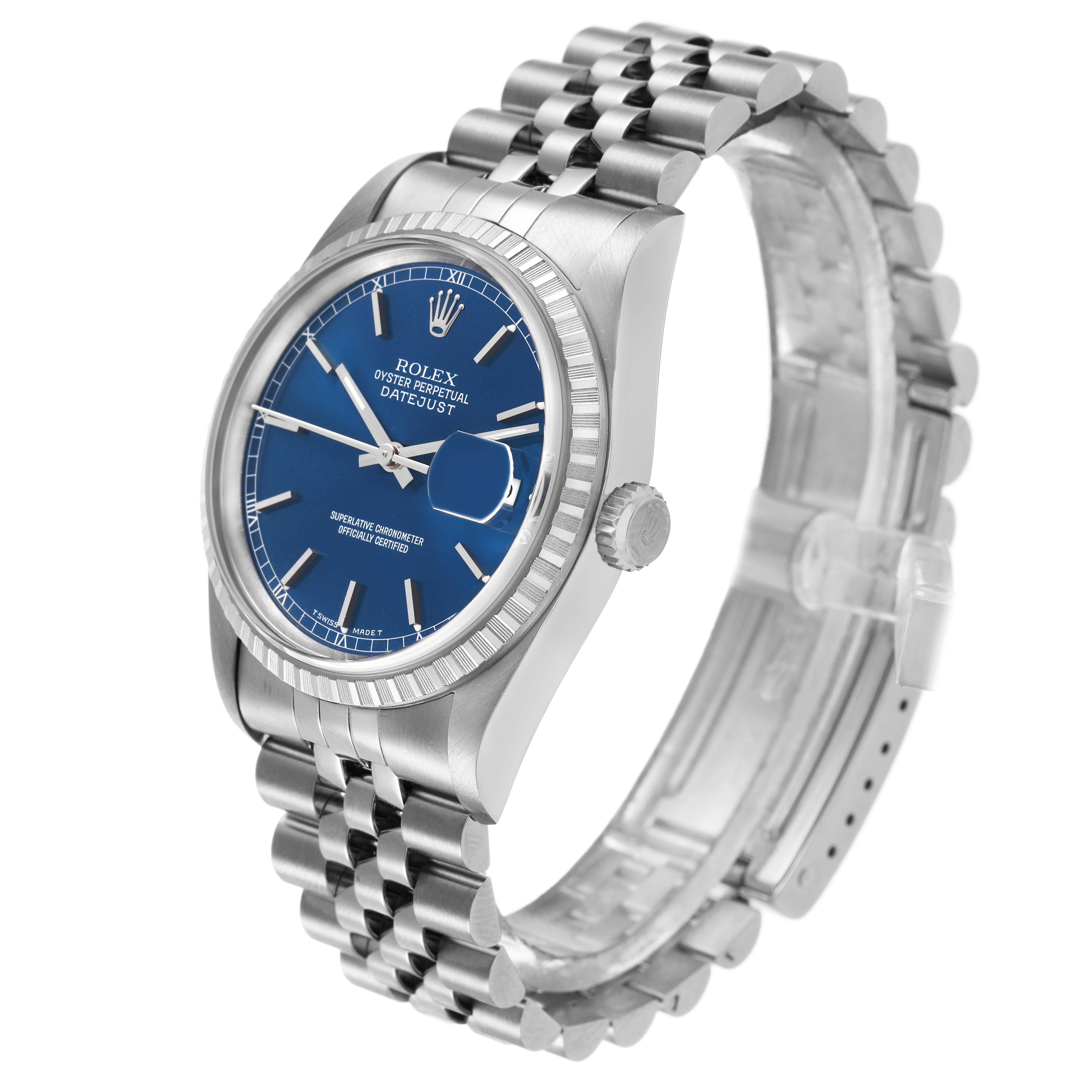 The Rolex Datejust 16220 Men's Stainless Steel Blue Dial watch is shown at a three-quarter angle, highlighting its blue dial, fluted bezel, and Jubilee bracelet.