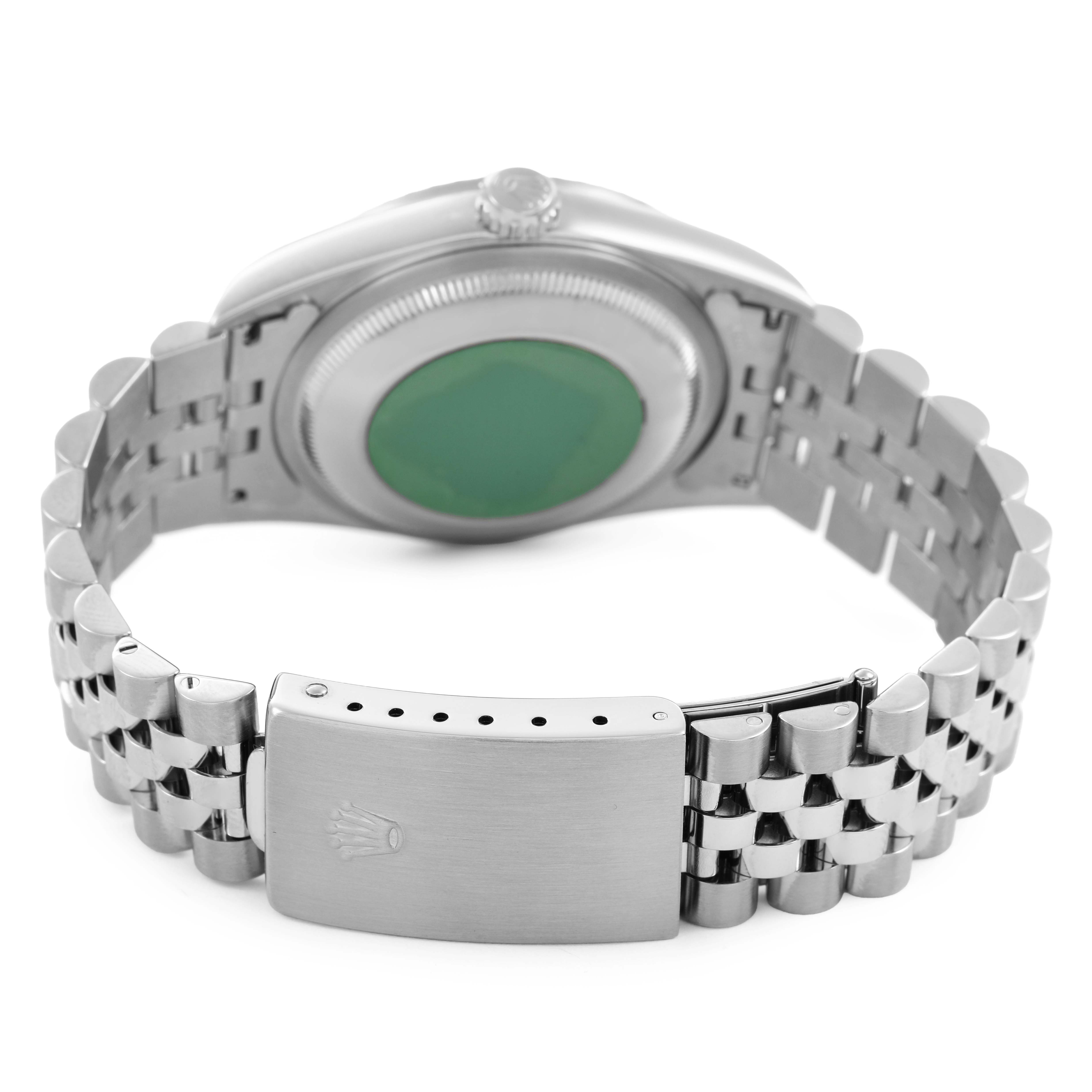 The image shows the back and side of a Rolex Datejust 16220 Men's Stainless Steel Blue Dial watch, highlighting its bracelet and clasp.