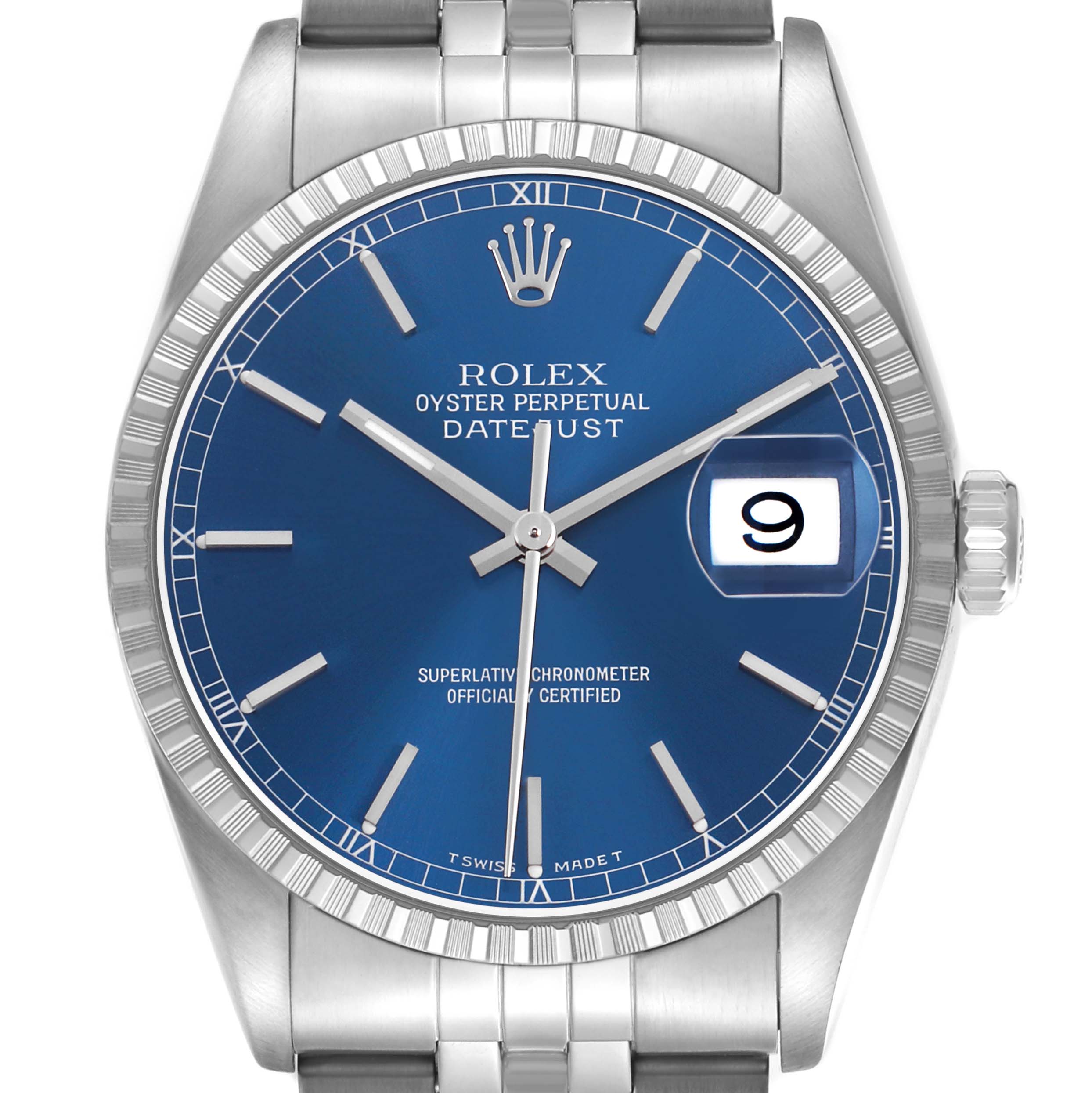 The Rolex Datejust 16220 Men's Stainless Steel Blue Dial watch is shown from the front, highlighting the blue dial, fluted bezel, and date magnifier.