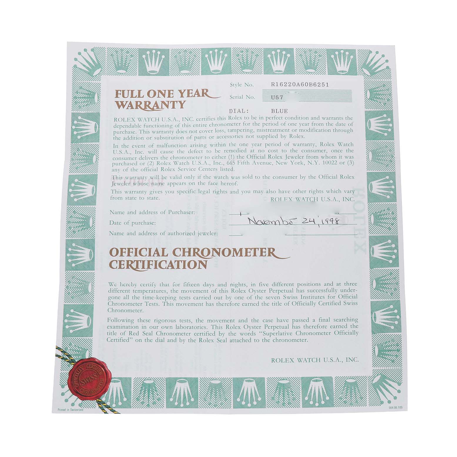 The image shows a warranty certificate for a Rolex Datejust 16220 Men's Stainless Steel Blue Dial, featuring official text and a decorative border.