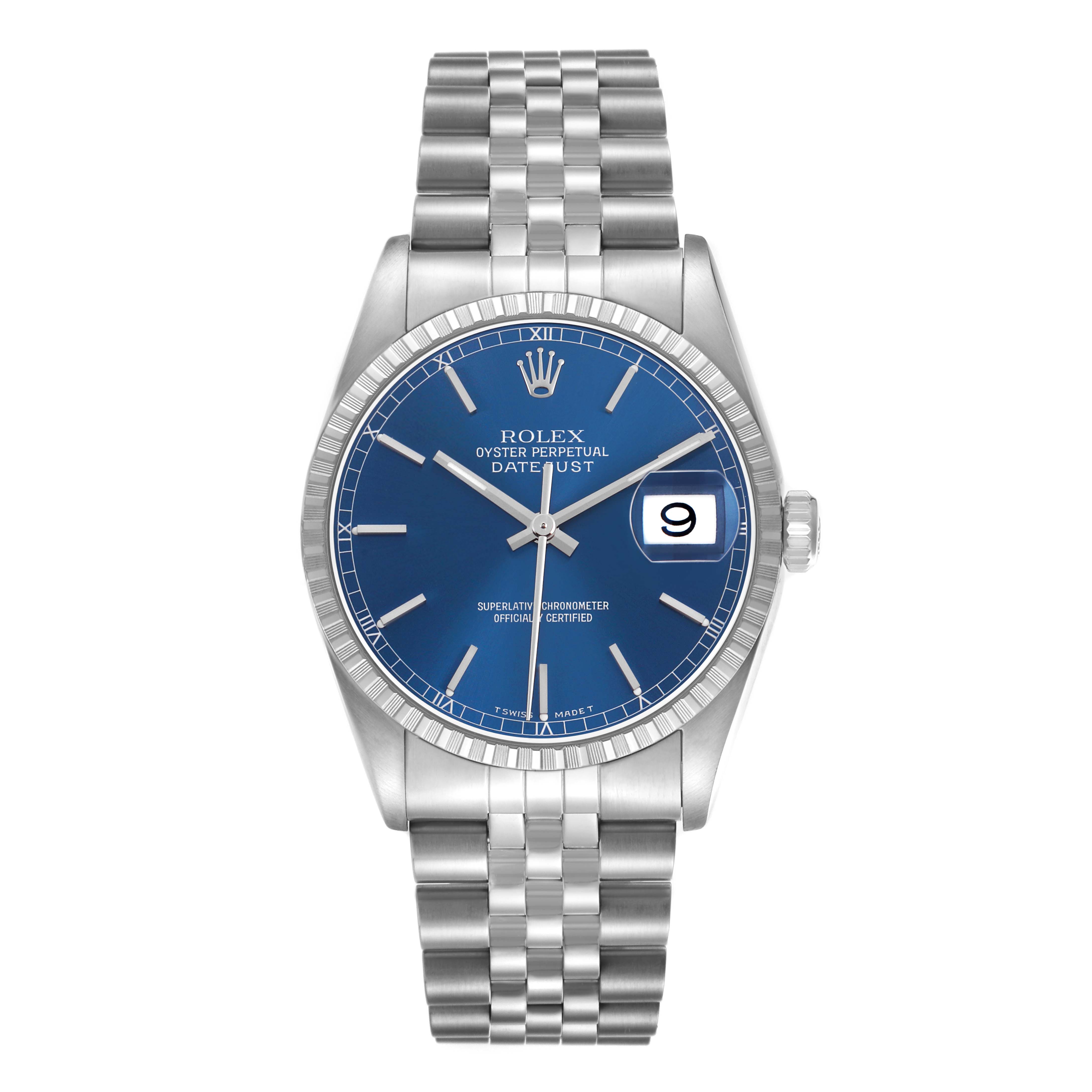 The Rolex Datejust 16220 Men's Stainless Steel Blue Dial watch is shown from the front, displaying its blue dial, fluted bezel, and jubilee bracelet.